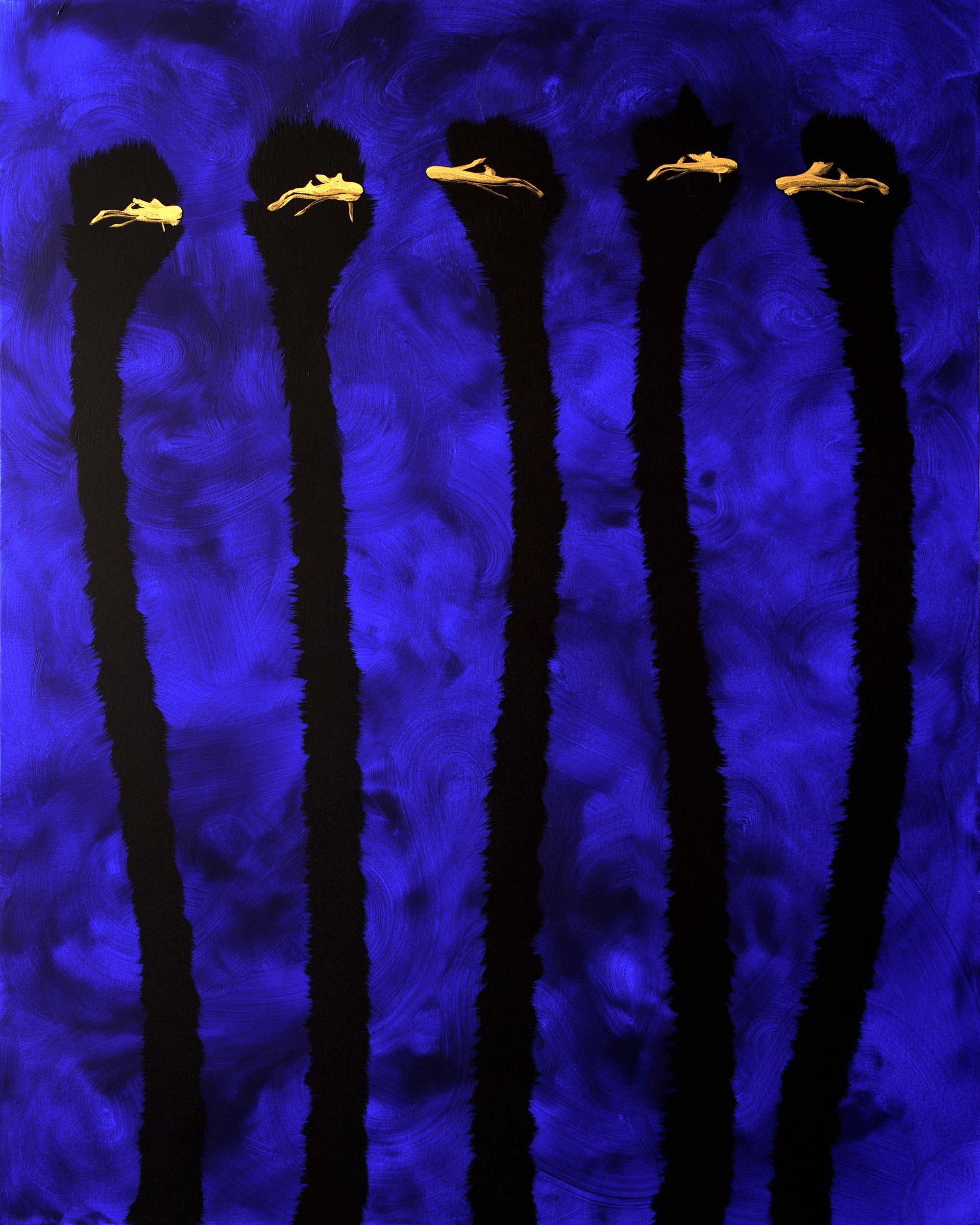 Five Gold Ostrich On Velvet Blue Swirls by Josh Brown