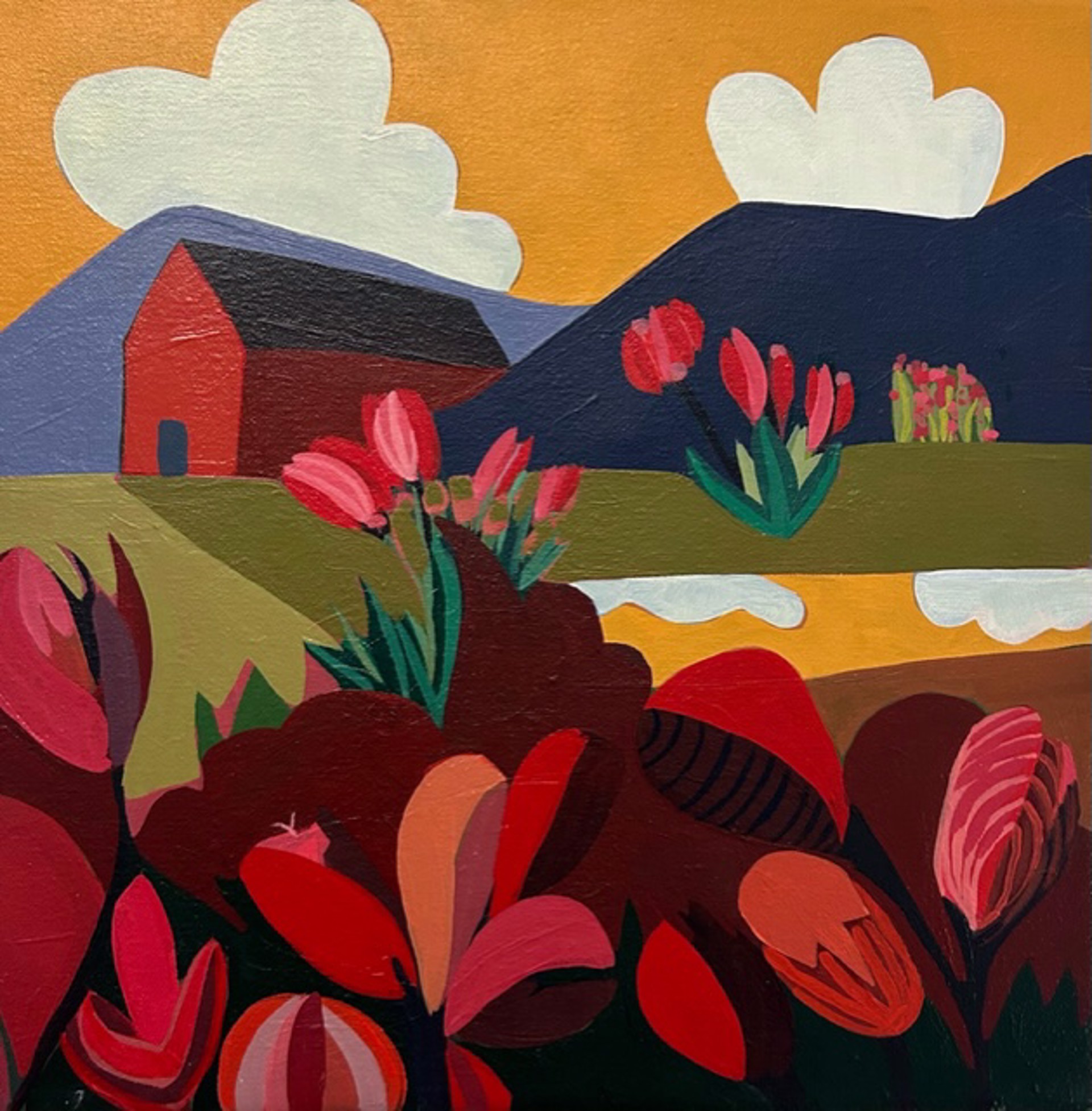 Red Barn with Red and Pink Flowers by Sage Tucker-Ketcham