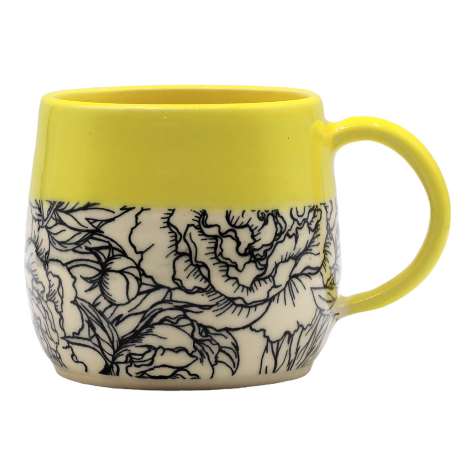 B&W Peony w/ Yellow Glaze Mug by Kara Lovell