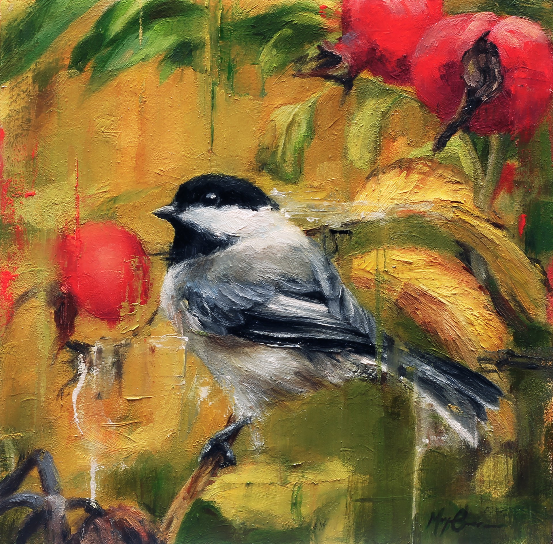 Rosehips and Chickadee by Morgan Cameron