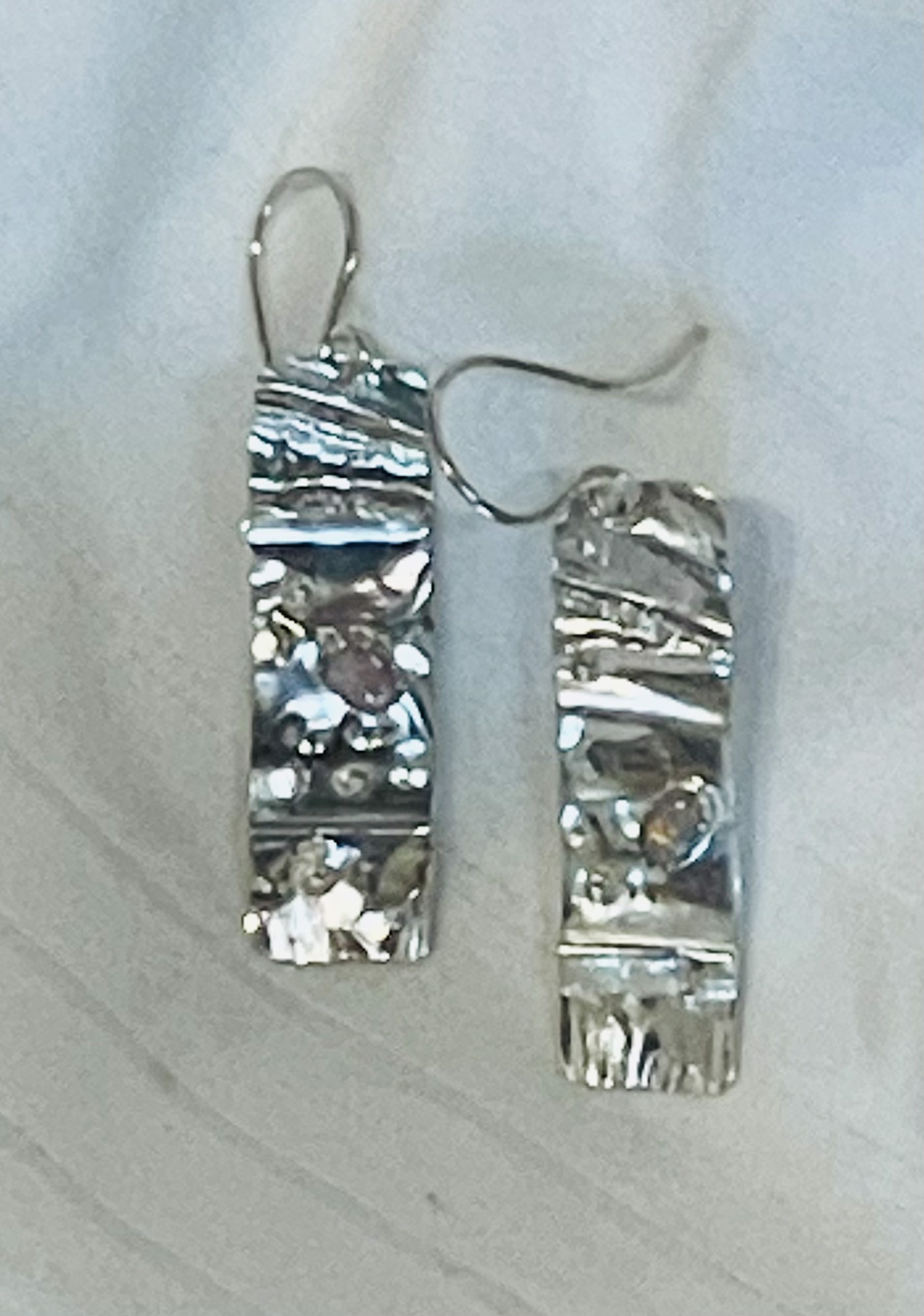 Earrings - Sterling Silver Fold Formed and Hammered With Opal DK2847 by Doris King