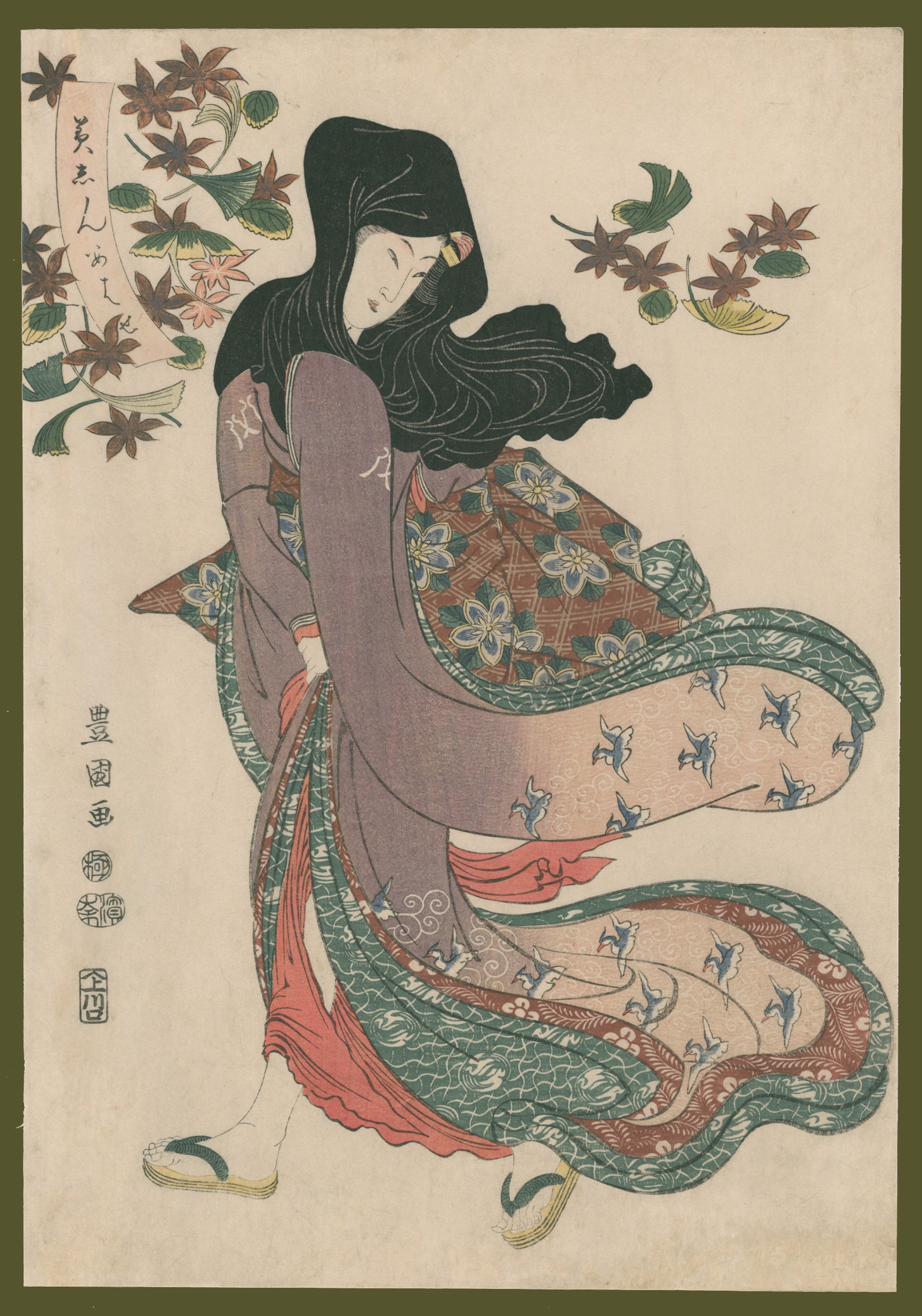 Wintry Wind - Beauty Under Maple and Ginko Leaves Comparison of Beauties (Bijin Awase) by Toyokuni I
