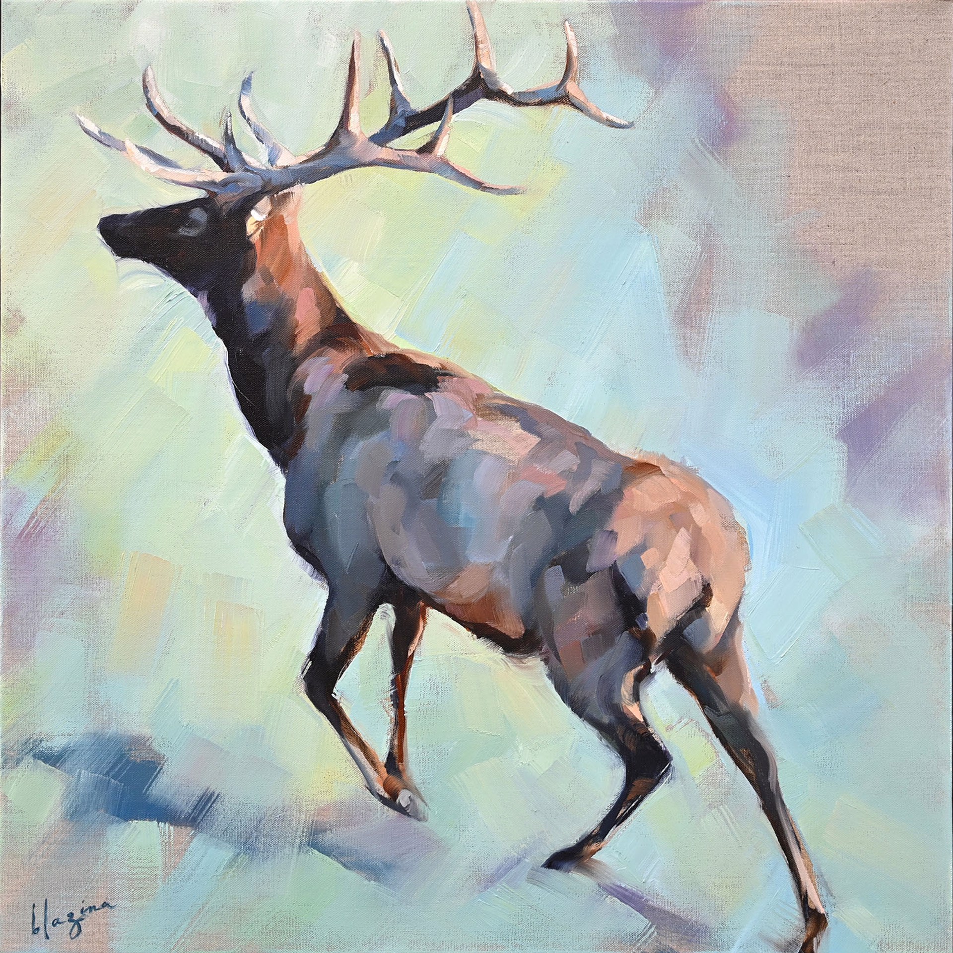Original Oil Painting Featuring A Stag Elk Over Abstract Turquoise Background