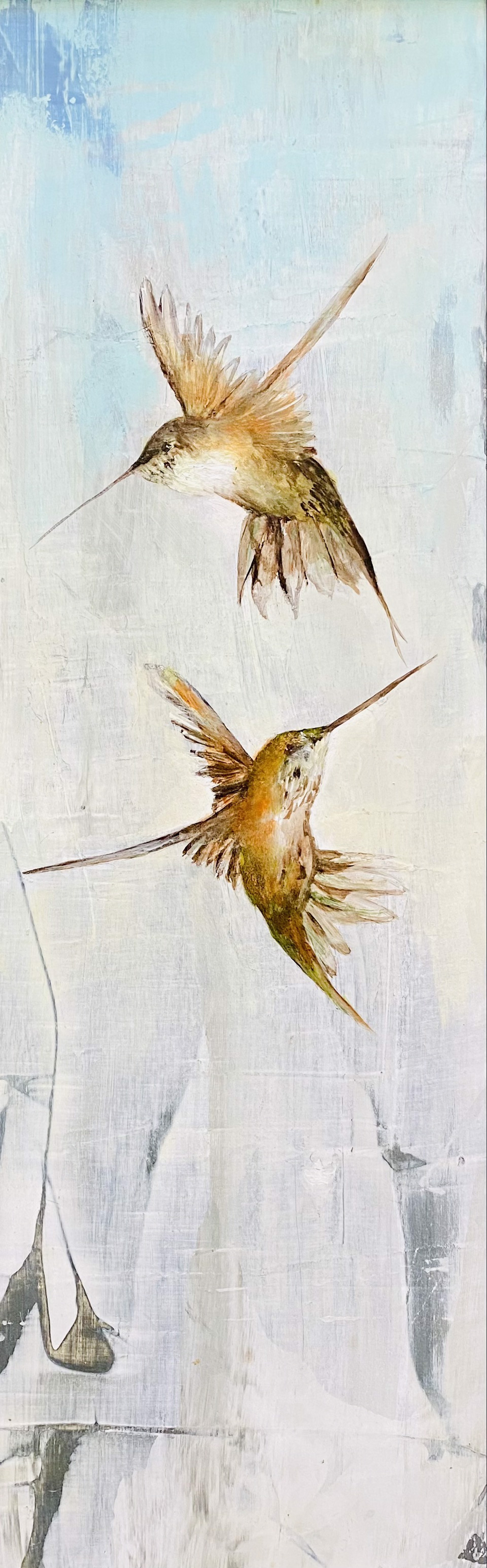 A Contemporary Oil Painting Of A Hummingbirds Flying With Blue And Grey In The Background By Jenna Von Benedikt Available At Gallery Wild