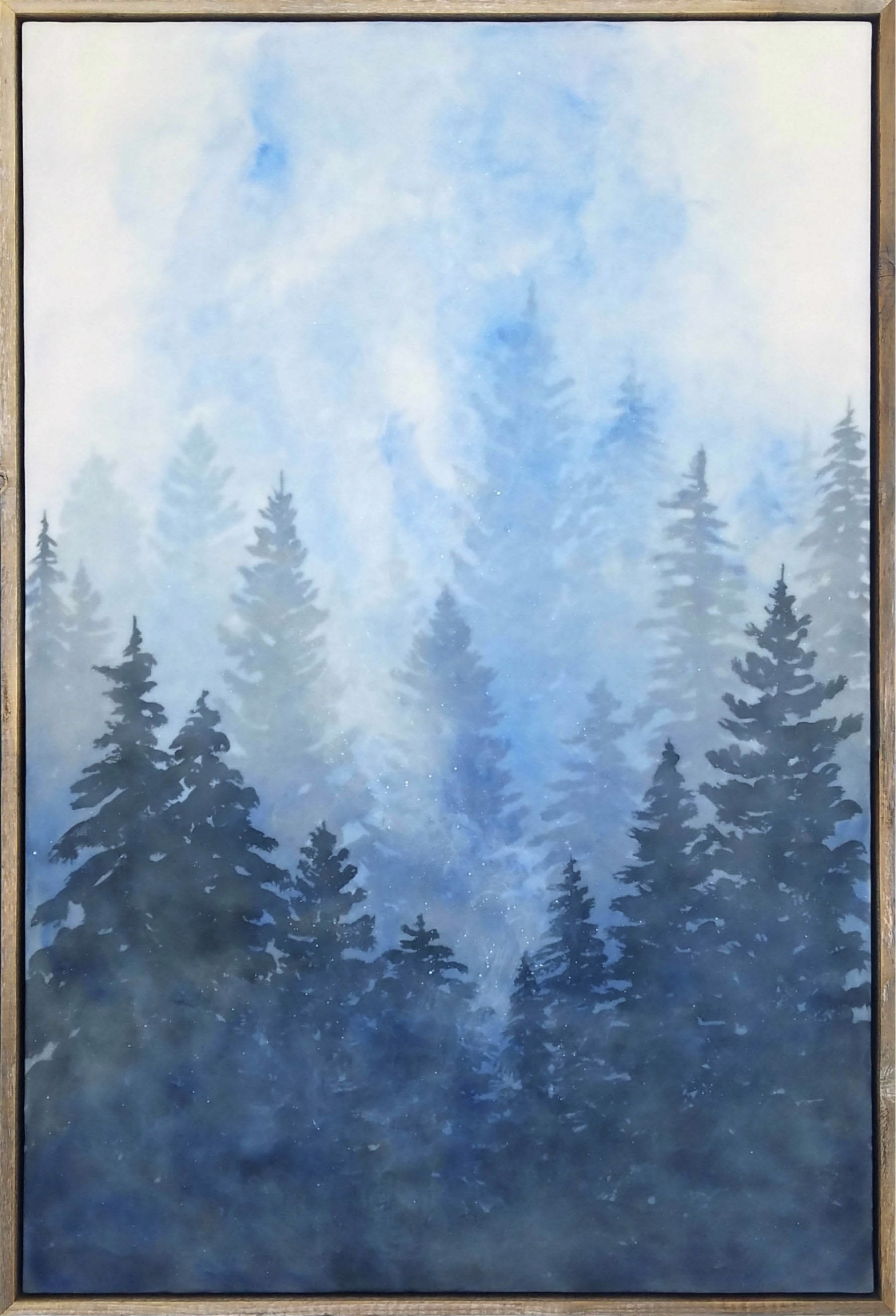 Original Encaustic Landscape Featuring Layers of Trees In Blue Tinted Watercolor Effect
