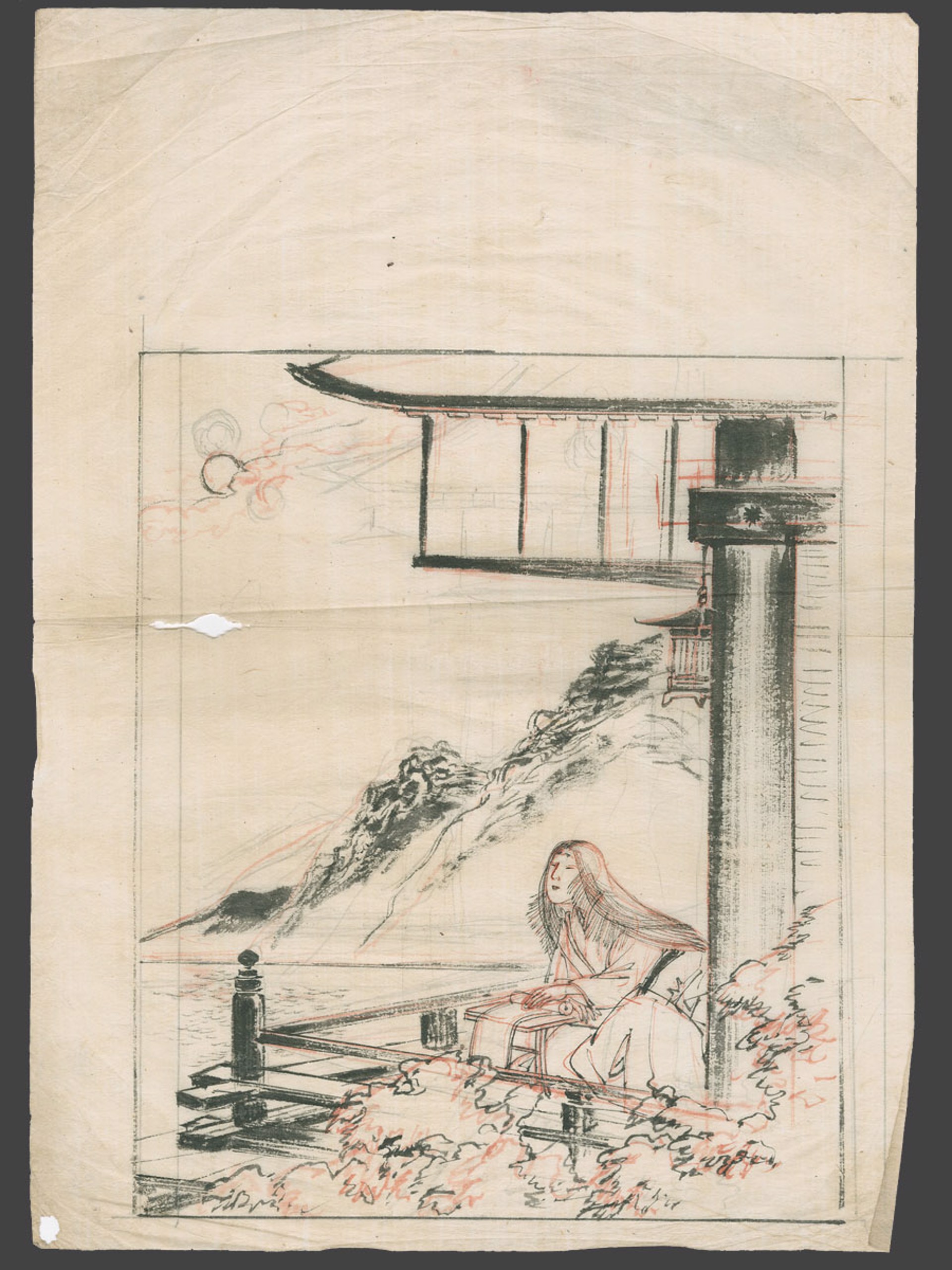Murasaki Shikibu Writing on a Veranda Overlooking a Lake by Unsigned