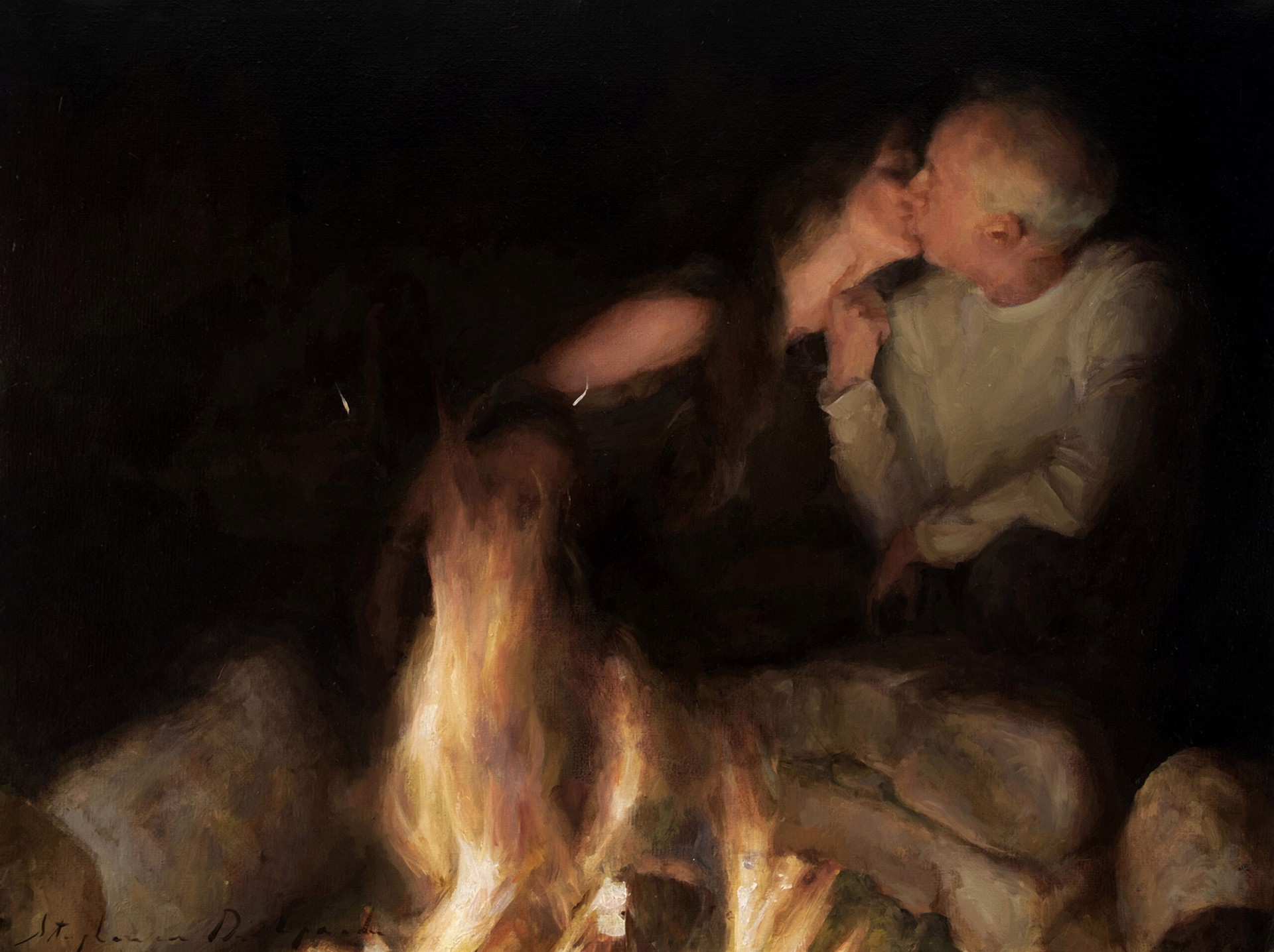 Stephanie Deshpande "Fireside Kiss" by Oil Painters of America