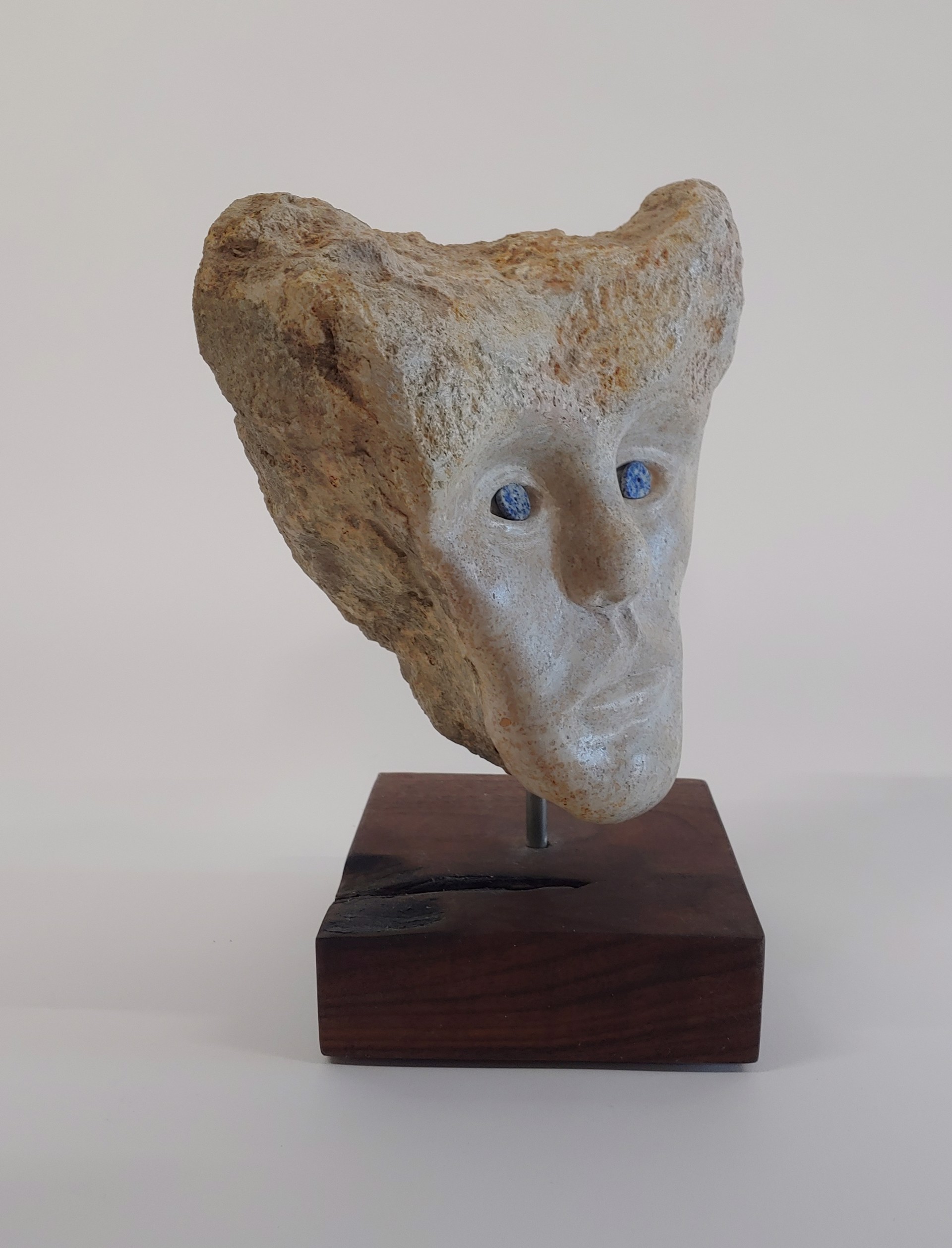 Stone Head with Abalone Eyes - Stone Sculpture by David Amdur