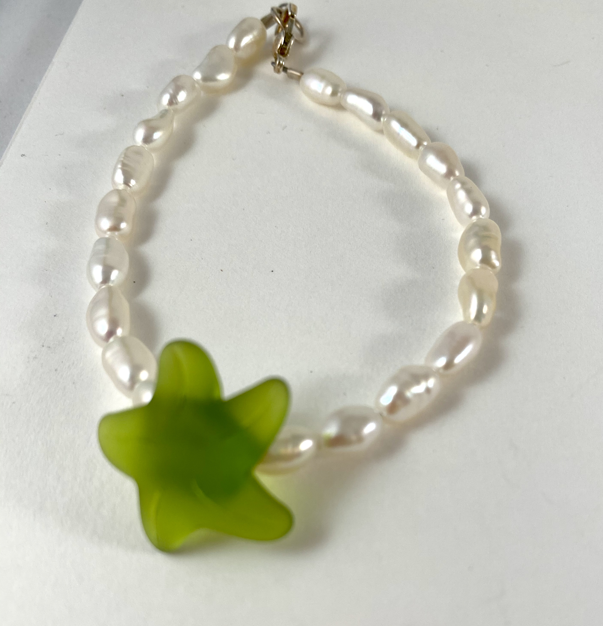 White Pearl Bracelet, green cultured seaglass charm P11 by Nance Trueworthy