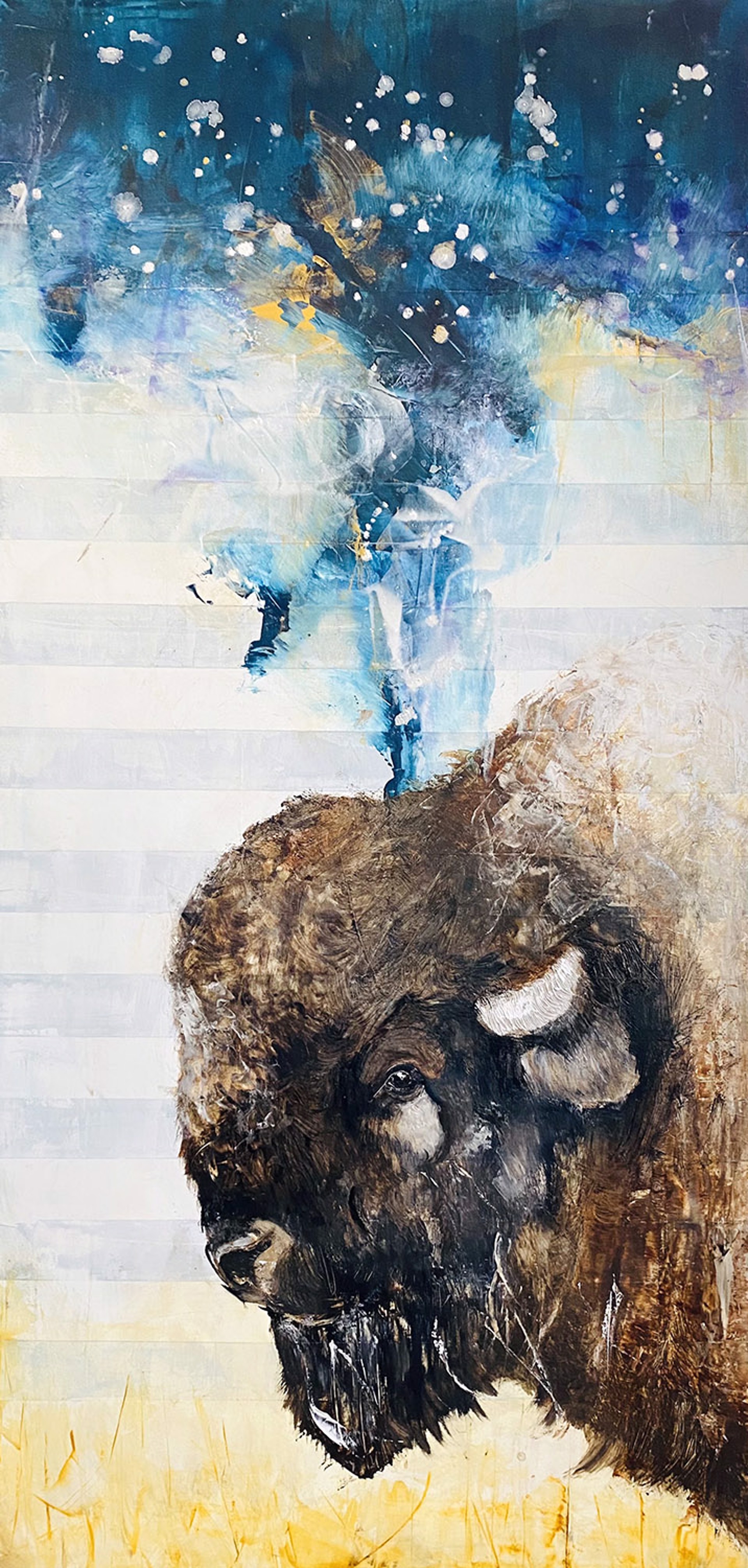 A Contemporary Painting Of A Bison On A White And Grey Striped Background With Blue And Yellow By Jenna Von Benedikt At Gallery Wild