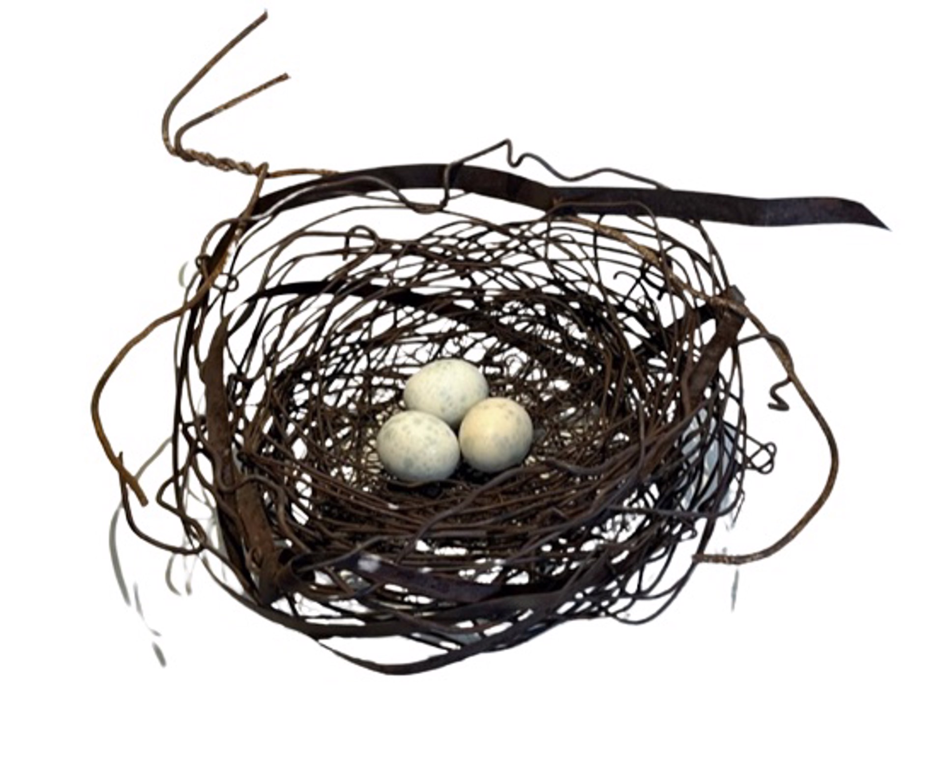 Hand Woven Wire Nest with 3 Ivory/Brown Eggs #1375 by Phil Lichtenhan