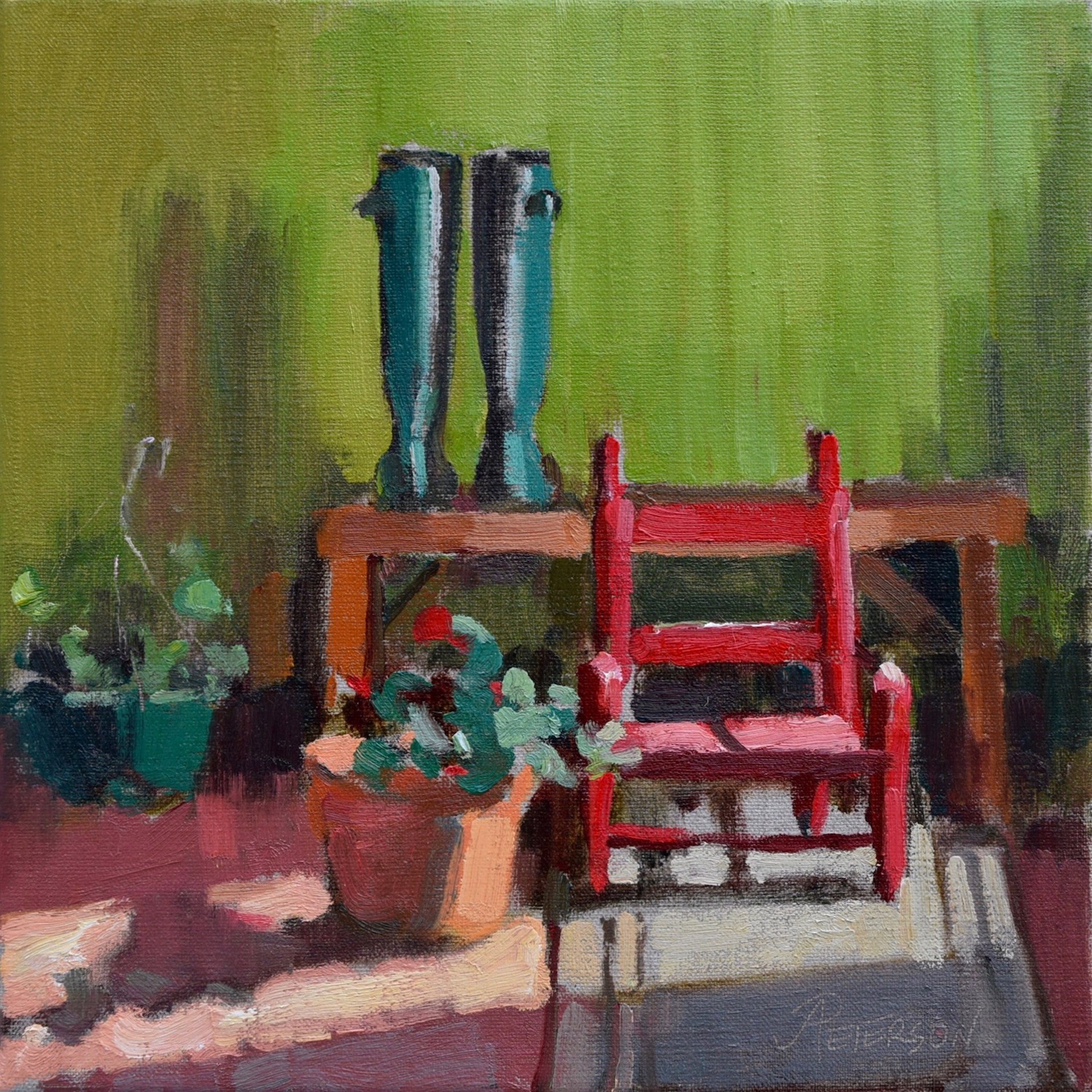 Geraniums and Red Chair by Amy R. Peterson