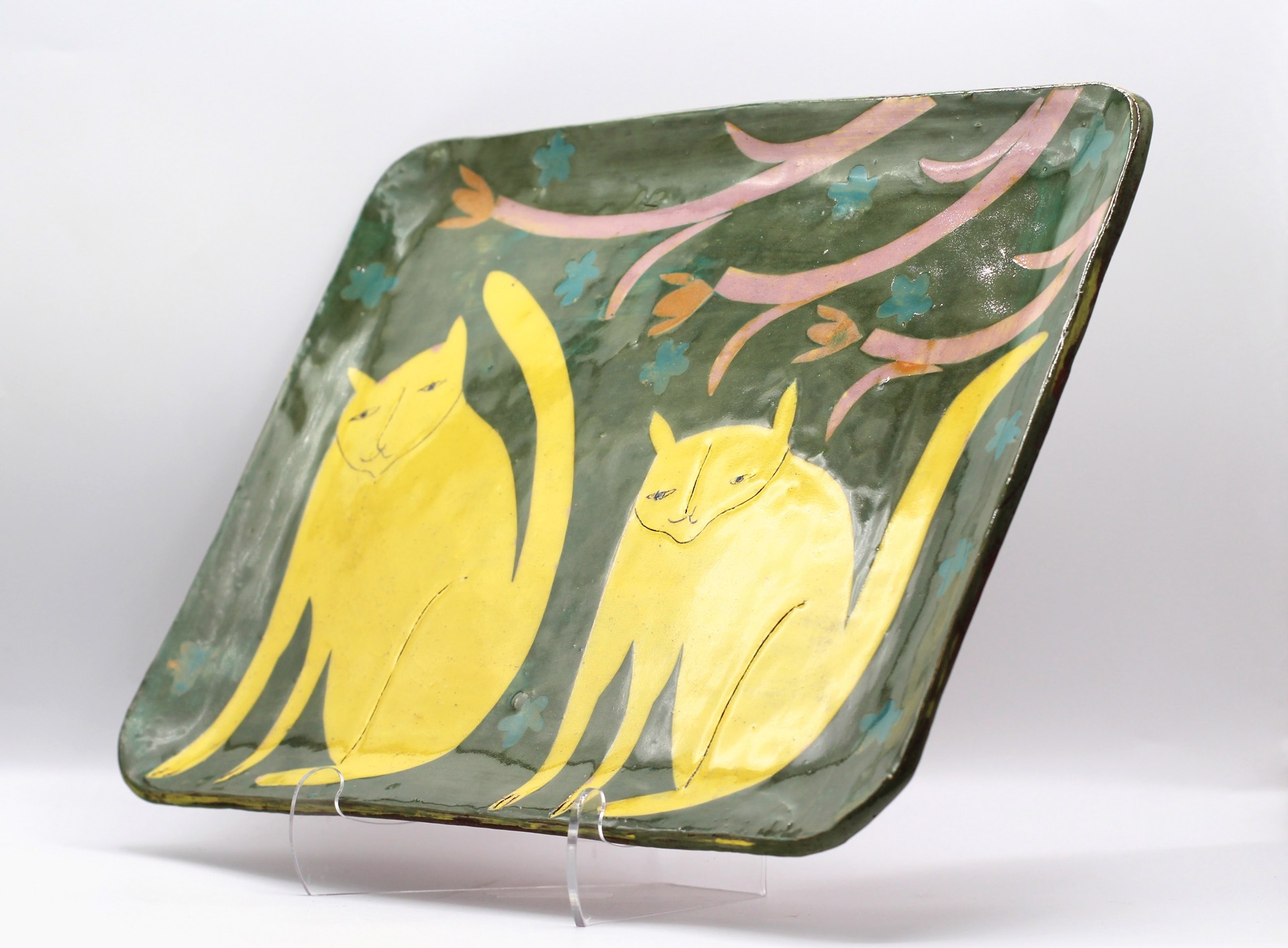 Cat Green Rectangle Large Plate by Priscilla Dahl