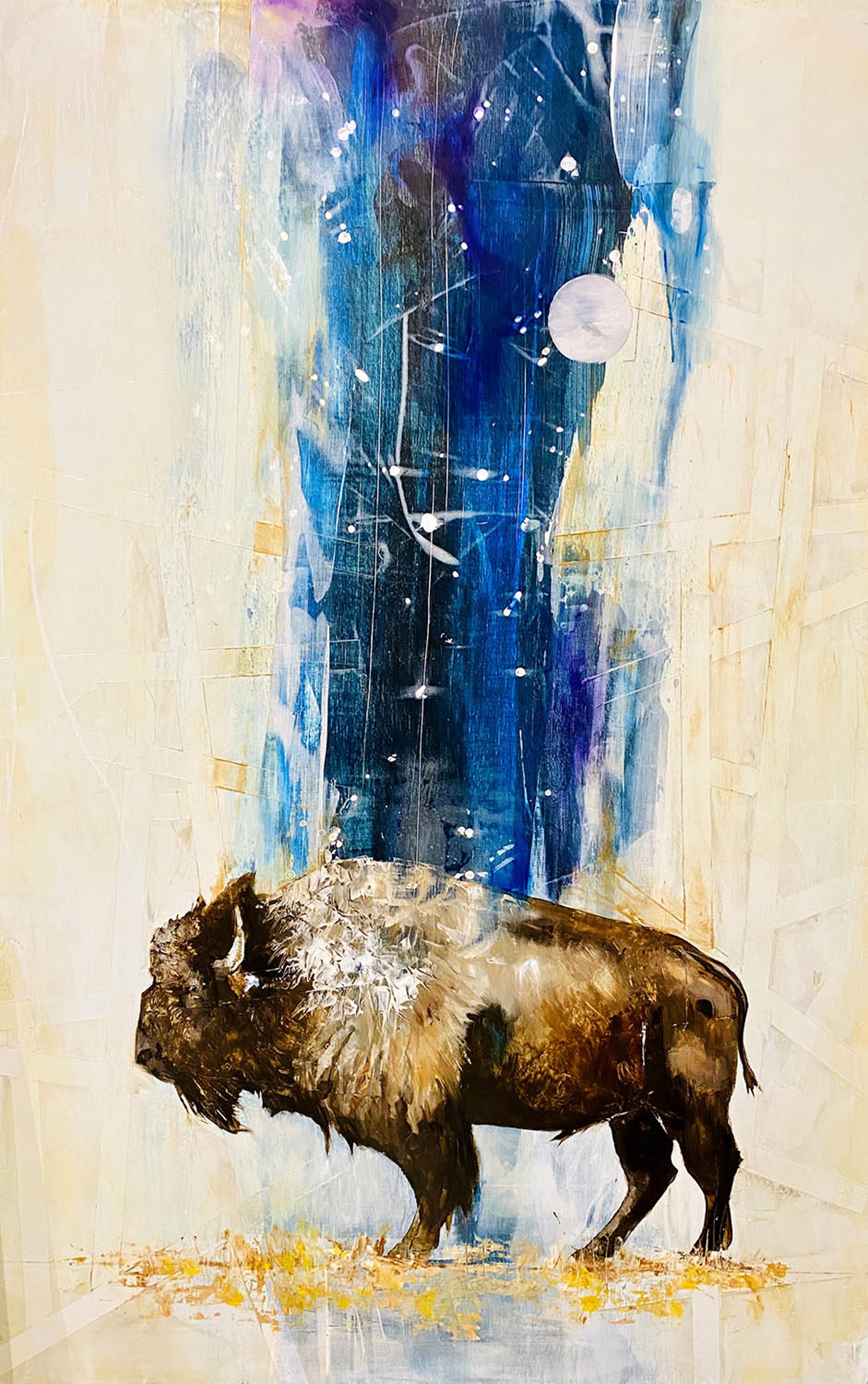 Original Oil Painting By Jenna Von Benedikt Featuring A Walking Bison Over Abstracted Background With Blue Gradient Stripe Running Vertically Through The Center And Transitioning To Yellow Tones