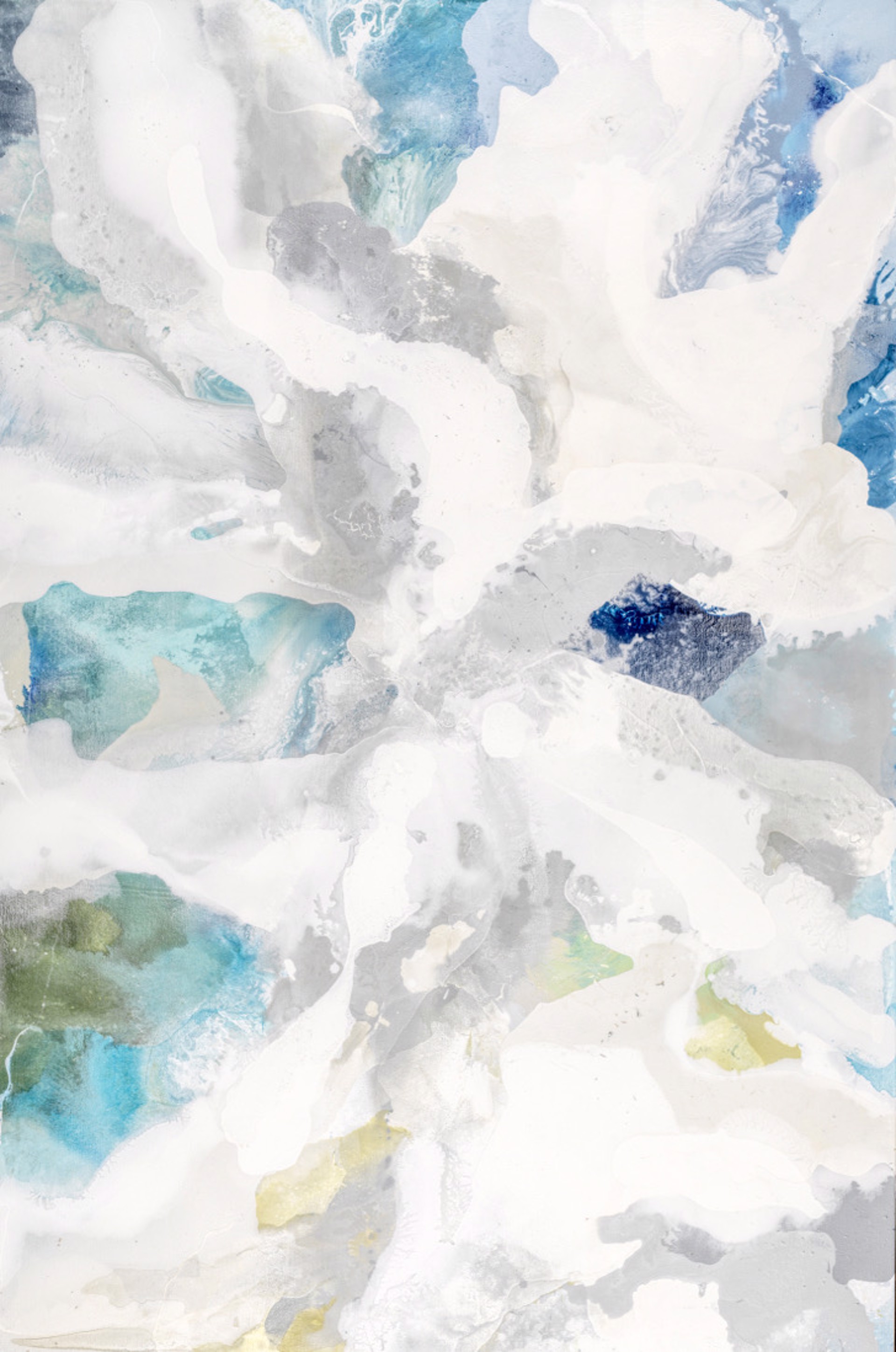 An abstract painting featuring blues, whites, greens and yellows clouds by John Schuyler