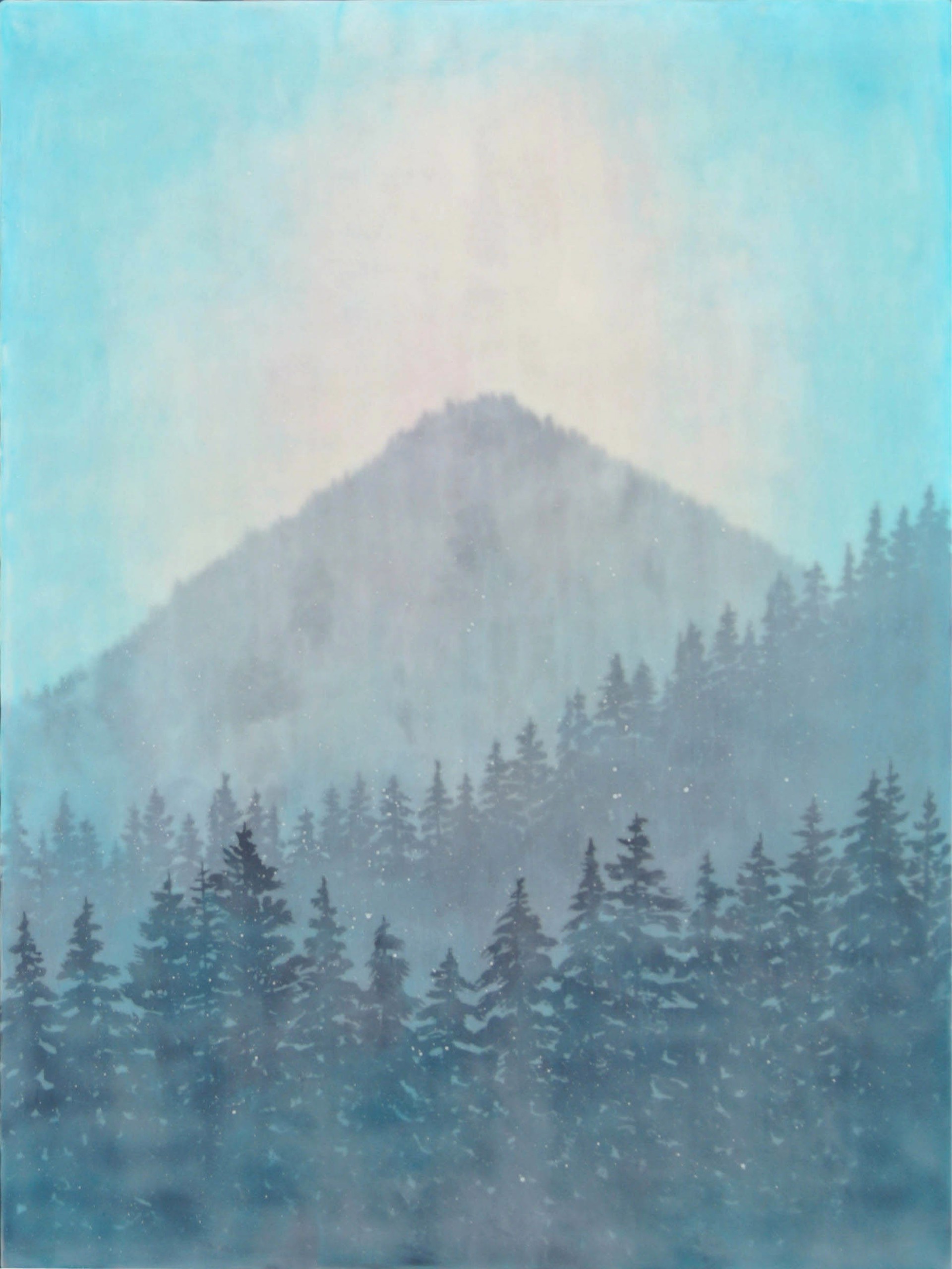 Original Landscape Painting Featuring A Mountain Peak And Turquoise Sky