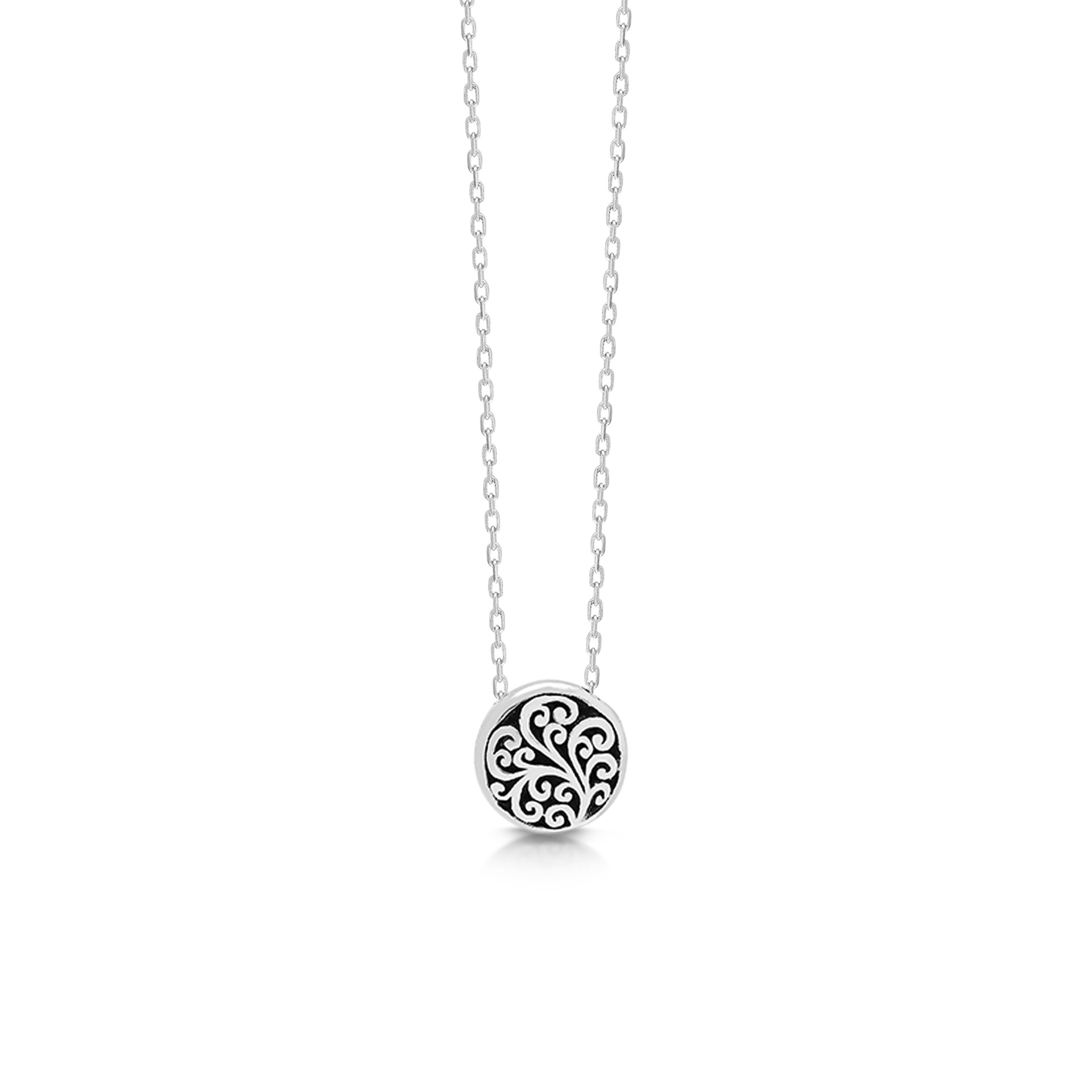 9726 Signature LH Scroll Sterling Silver Delicate Round Pendant Necklace in 18" Adjustable Chain, Pendant Size 10mm by Lois Hill