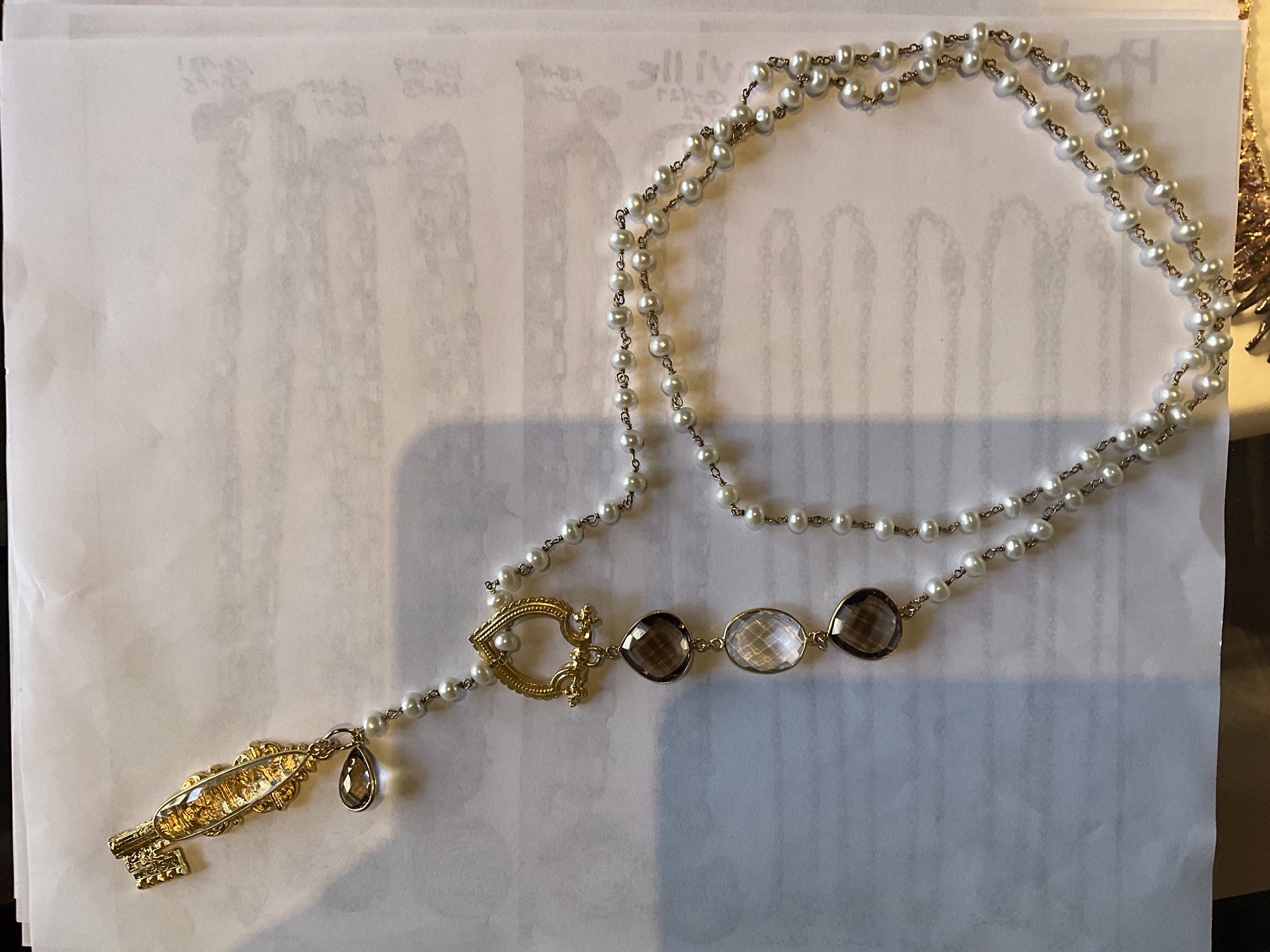 Gold Vermeil and Pearl Lariat with Smokey Quartz and Clear Quartz Bezels and Gold Plated Key Charm-KB-N21 by Karen Birchmier