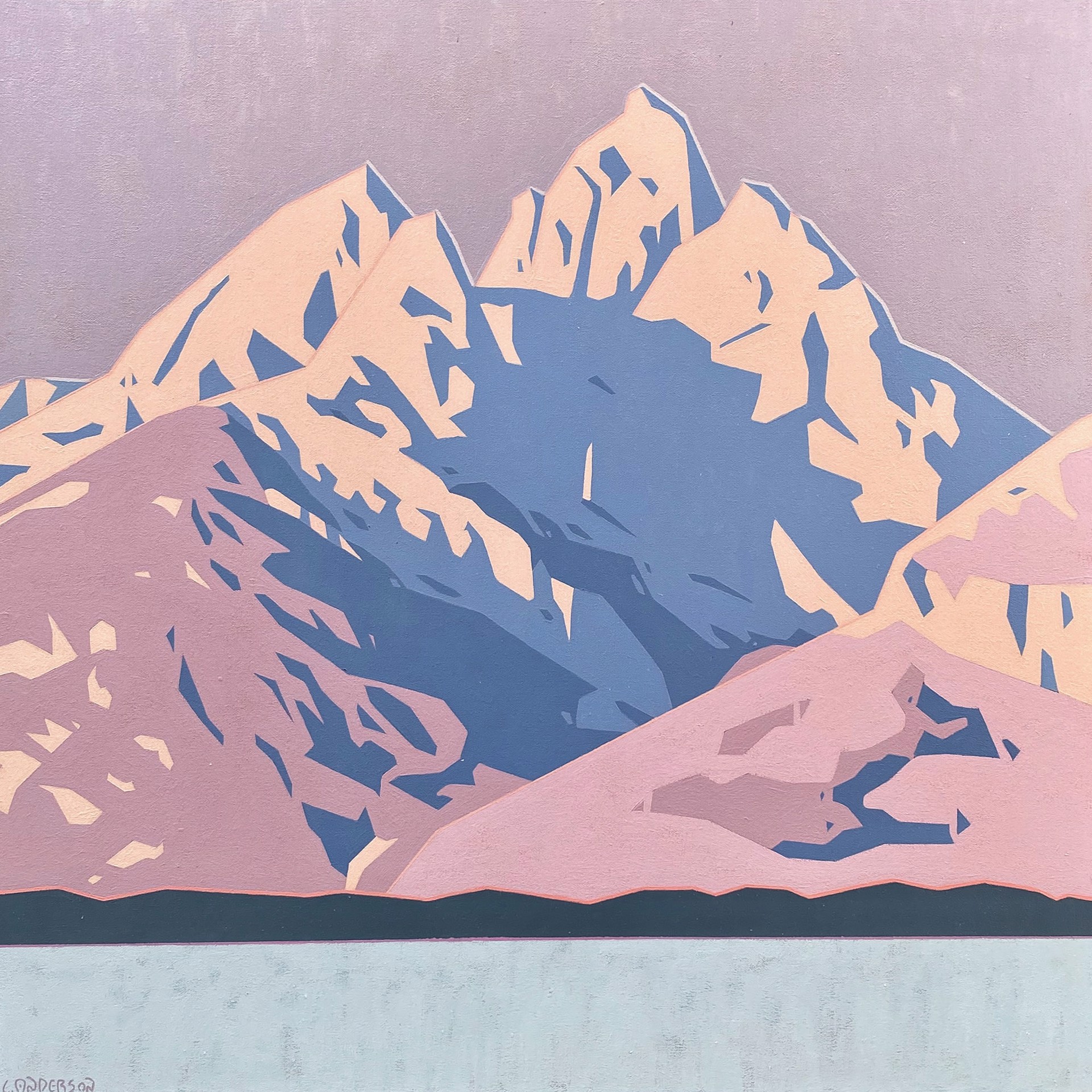 Original Artwork By Luke Anderson Featuring The Teton Mountain Range In Pink And Purple Hues In A Graphic Pop Art Style