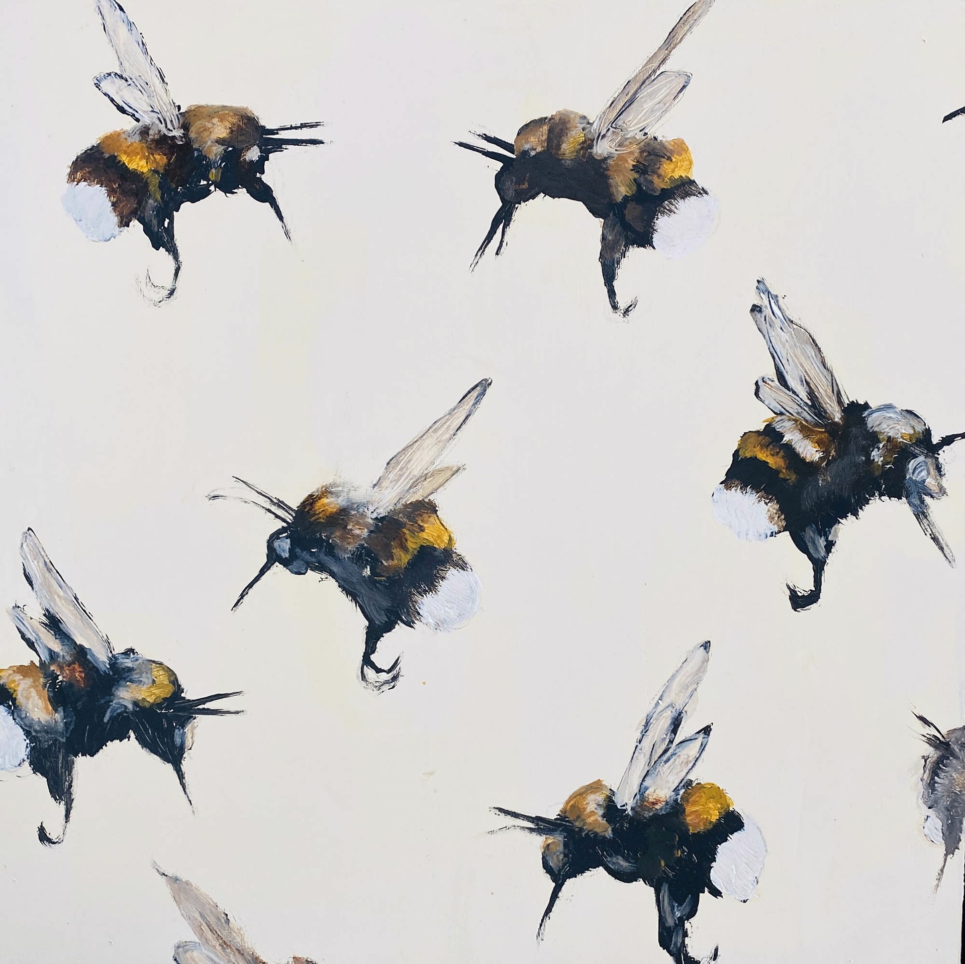 Original Oil Painting Featuring Bumble Bees Over White Background
