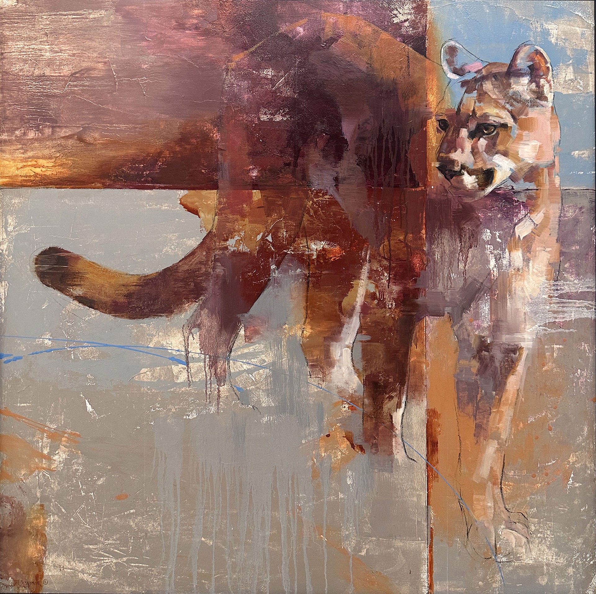 Original Mixed Media Painting By Julie Chapman Featuring An Adult Mountain Lion In Expressive Brushstrokes Integrated Into Abstracted Quadrant Background In Neutral Tones