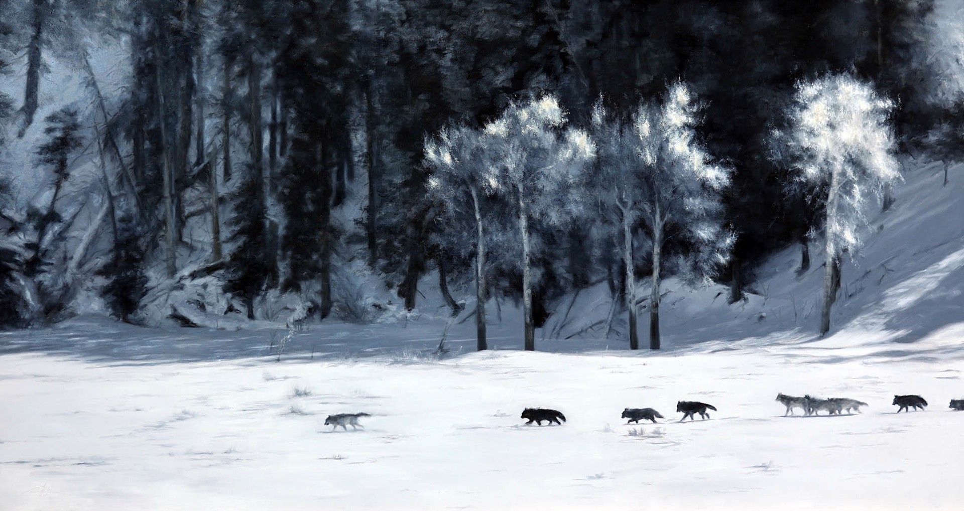 Original Oil Painting By Doyle Hostetler Featuring An Aerial View Of A Traveling Wolf Pack In Winter
