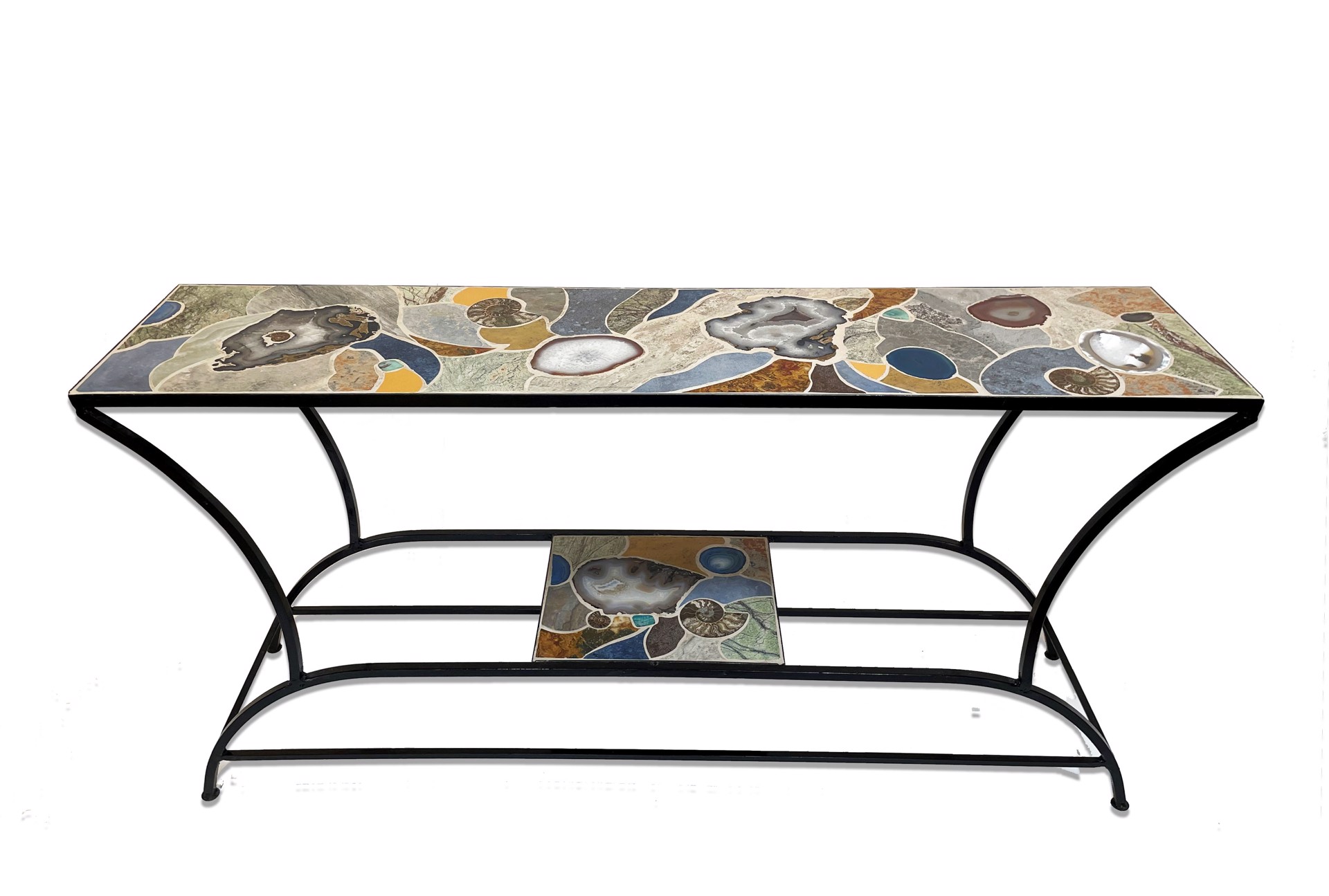 Sofa Table ~ Ammonite Fossils, Agate with Glass Tiles C-24 by Clay Hands