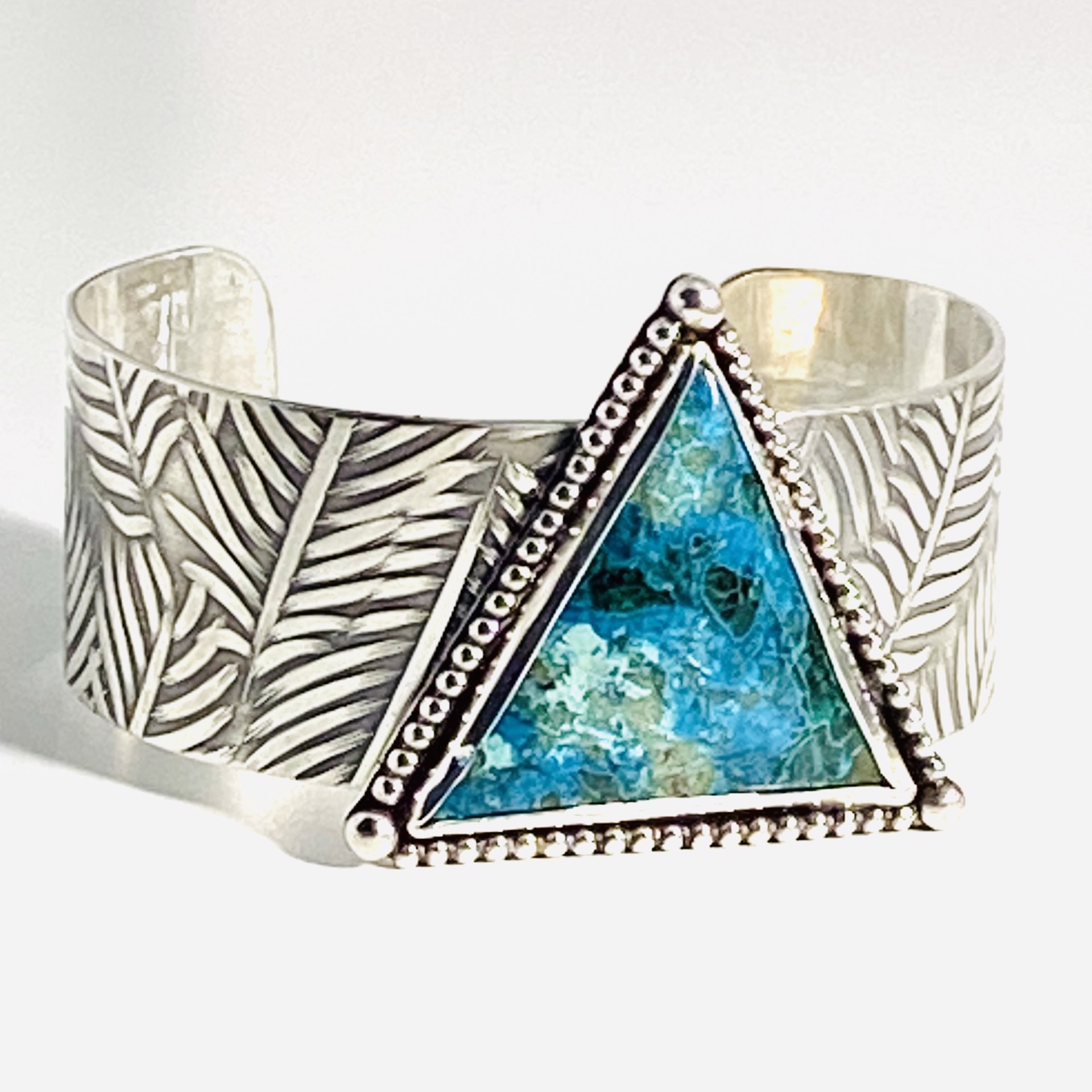 Sterling Leaf Design Large Triangle Shattuckite with bead bezel Cuff Bracelet AB23-32 by Anne Bivens