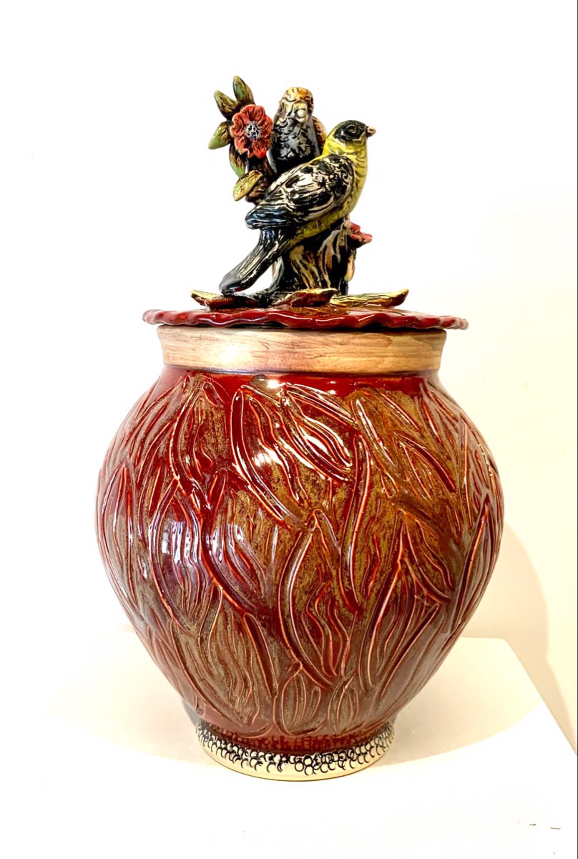 Two Bird Red Urn by Judy Brater