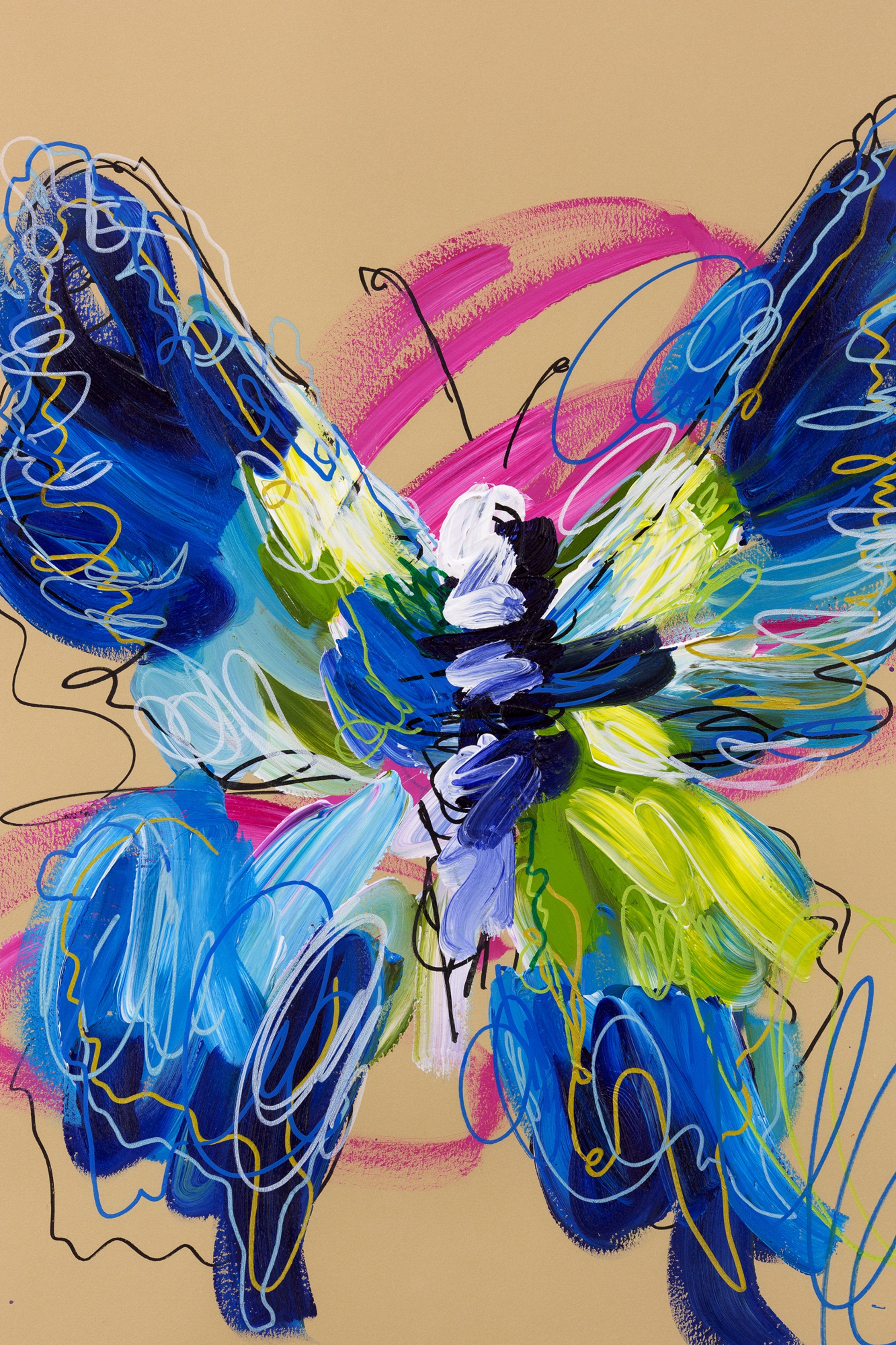 Blue scribble butterfly & pink swirls by Ash Almonte