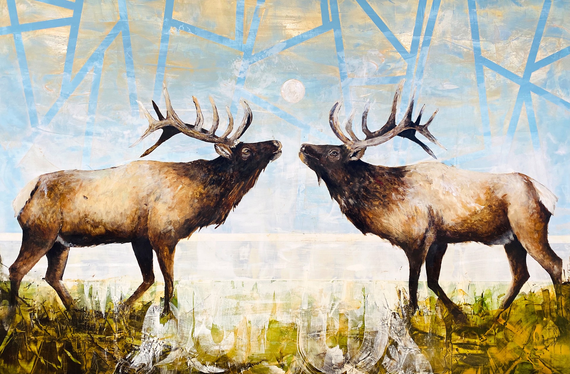 Original Oil Painting By Jenna Von Benedikt Of Two Elks On An Abstract Background