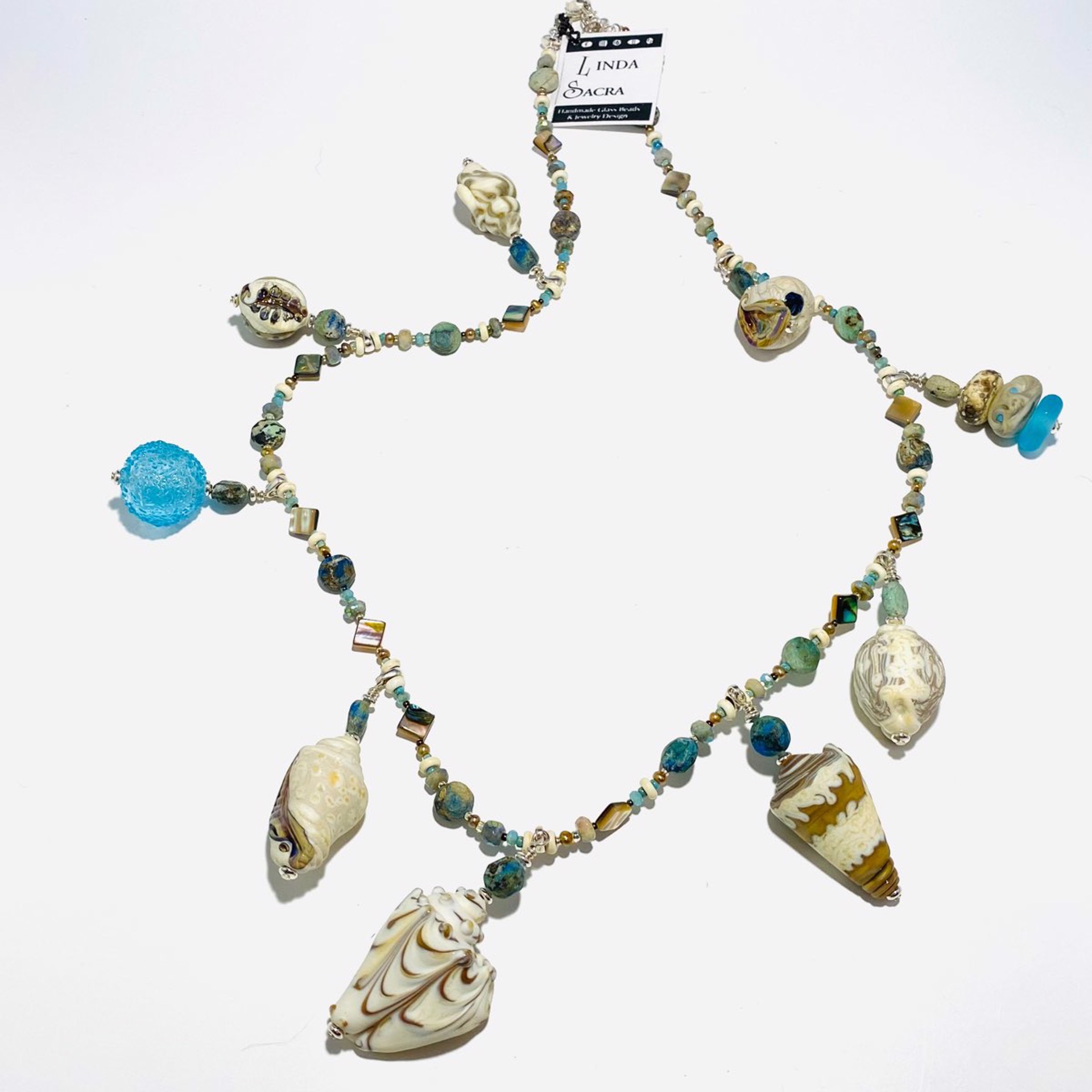 LS22-464 Nine Drops-Shells, Cairn, Hollow Aqua Fritt on Gemstone, Abalone Necklace by Linda Sacra