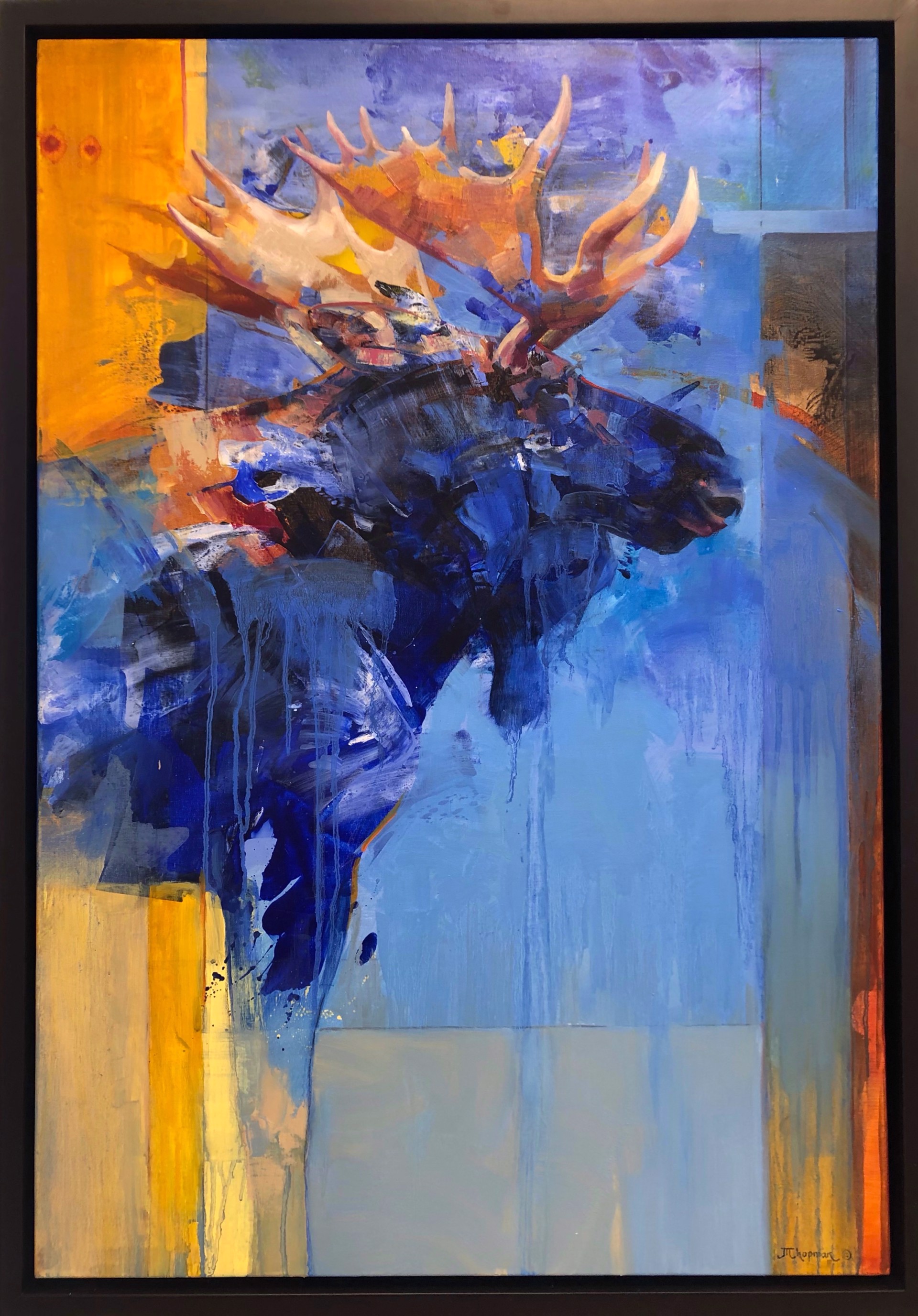 Original Mixed Media Painting Of A Bull Moose With Abstracted Features In Blue And Yellow By Julie Chapman