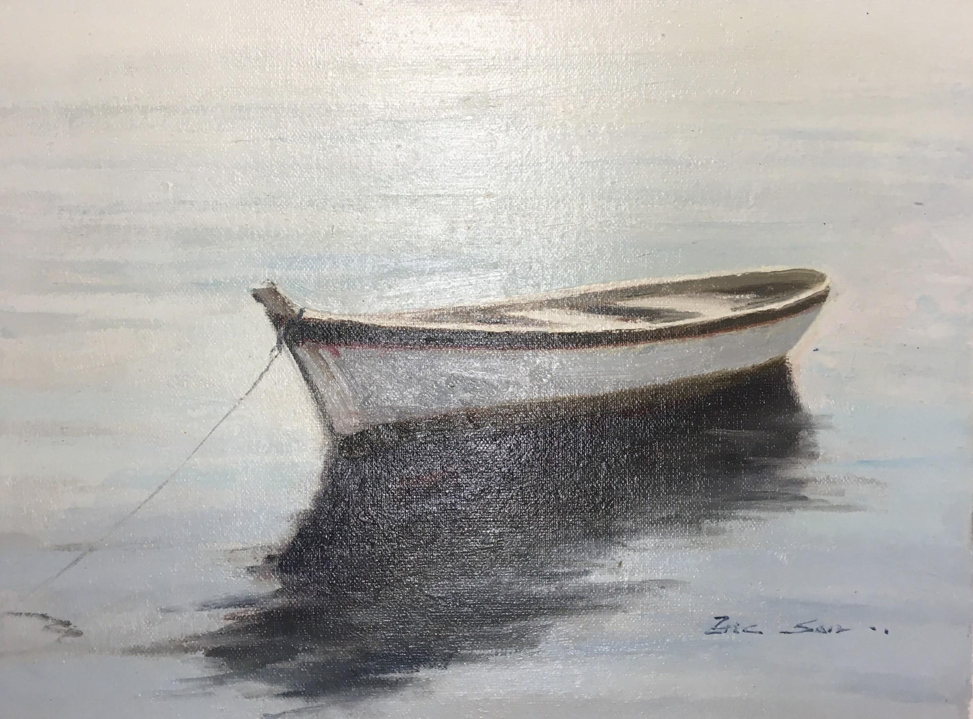 WHITE BOAT WITH BROWN TRIM by ERIC SUN