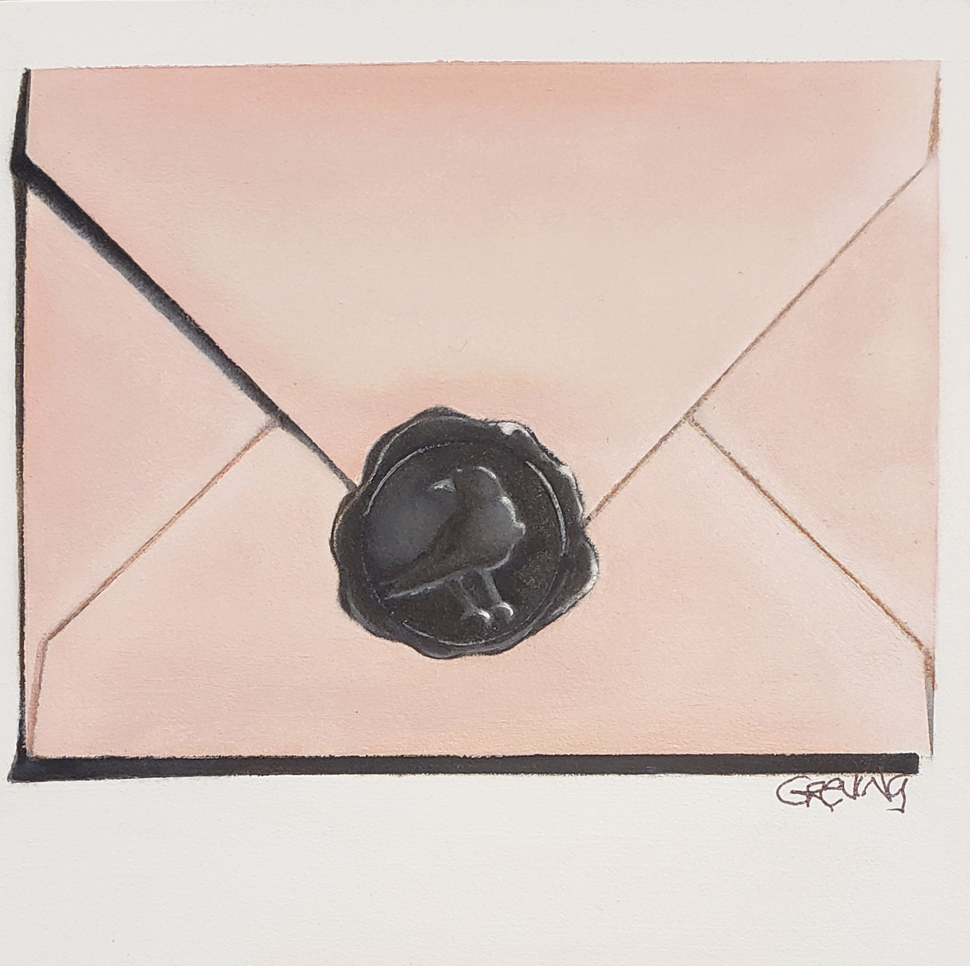 Pink Envelope with Black Crow Stamp by Barbara Greving