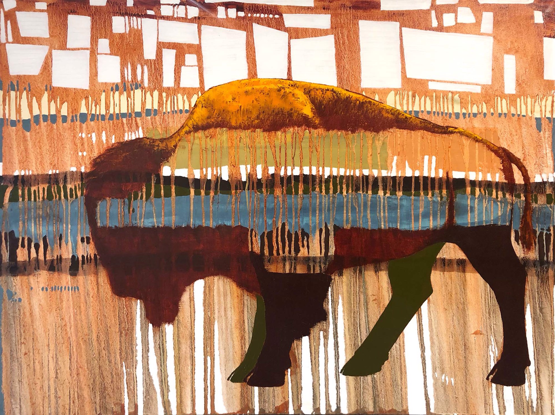 A Contemporary Western Painting Of A Bison With Square Clouds On An Abstract Background At Gallery Wild