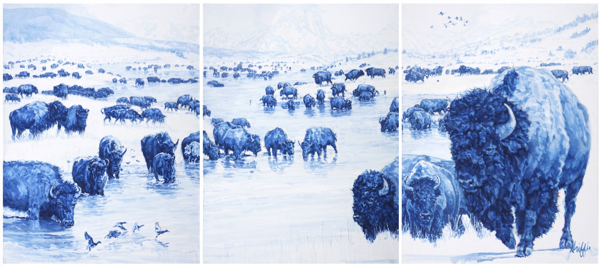 Original Oil On Linen Triptych By Patricia Griffin Blue Buffalo With Tetons