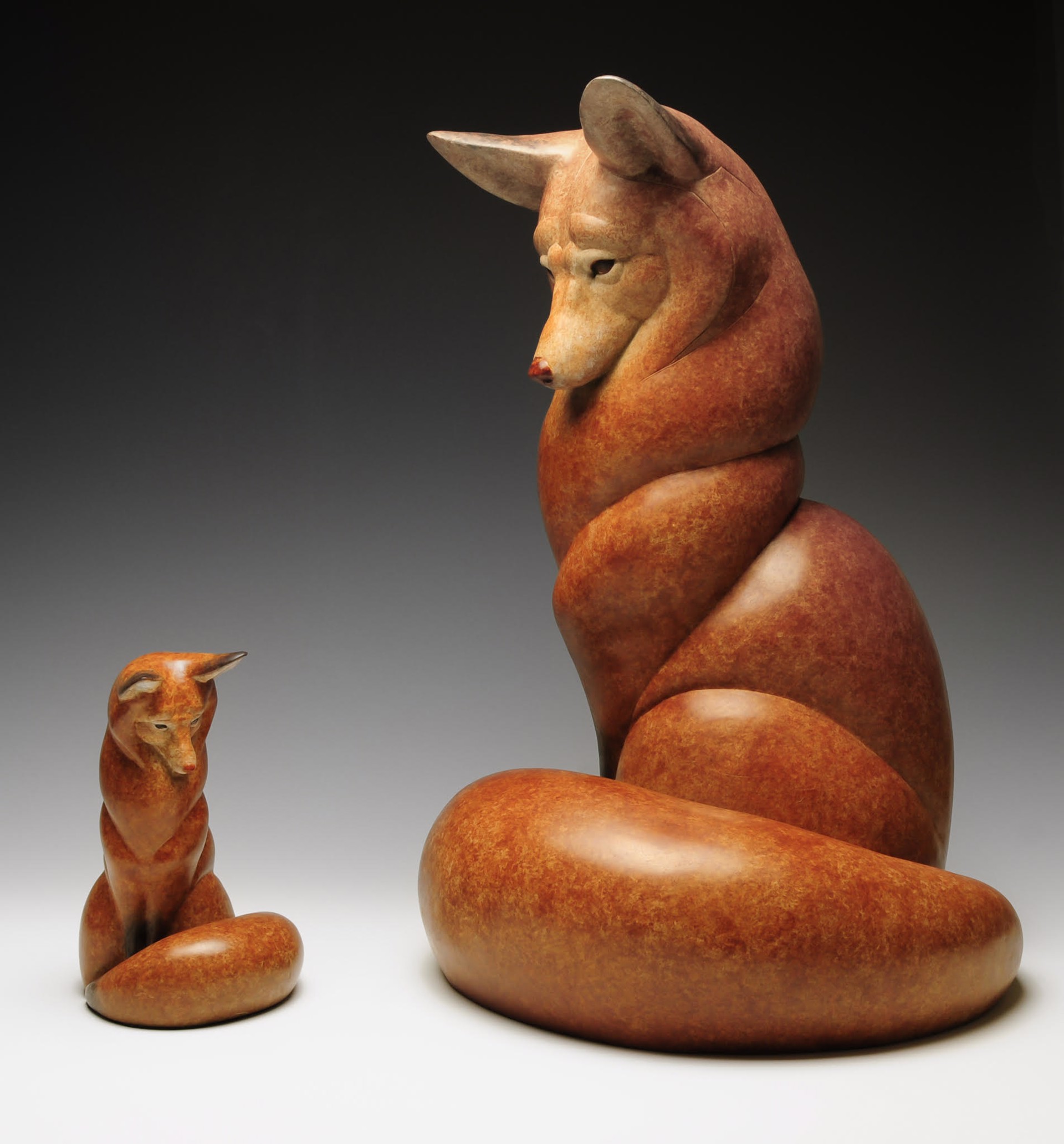 Bronze Sculpture Of A Sitting Fox With Orange Petina