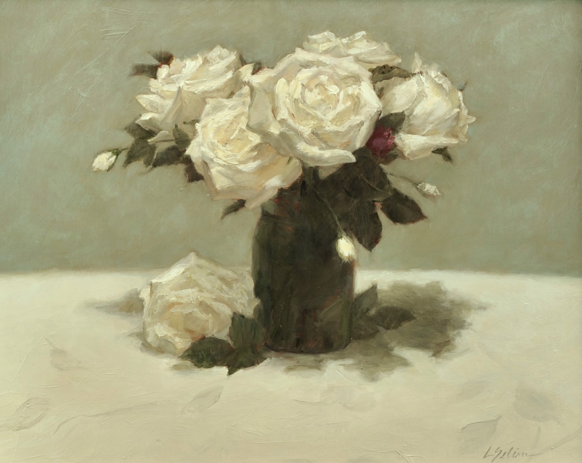 Lorena Selim "Roses in a Green Jar" by Oil Painters of America