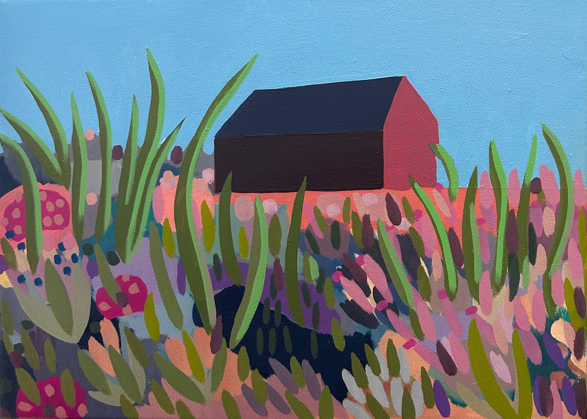 Tall grasses surround a Red Barn by Sage Tucker-Ketcham
