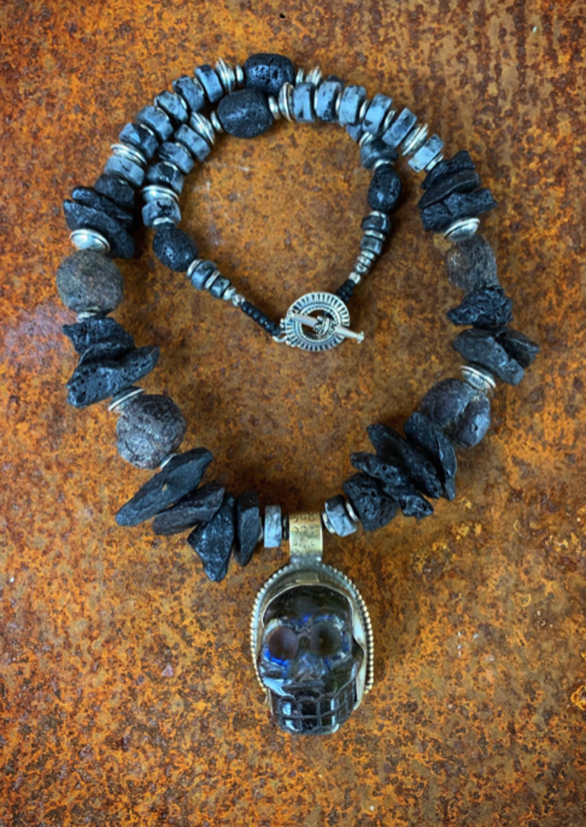 Tibetan Labradorite Skull with lava and pewter by Kelly Ormsby