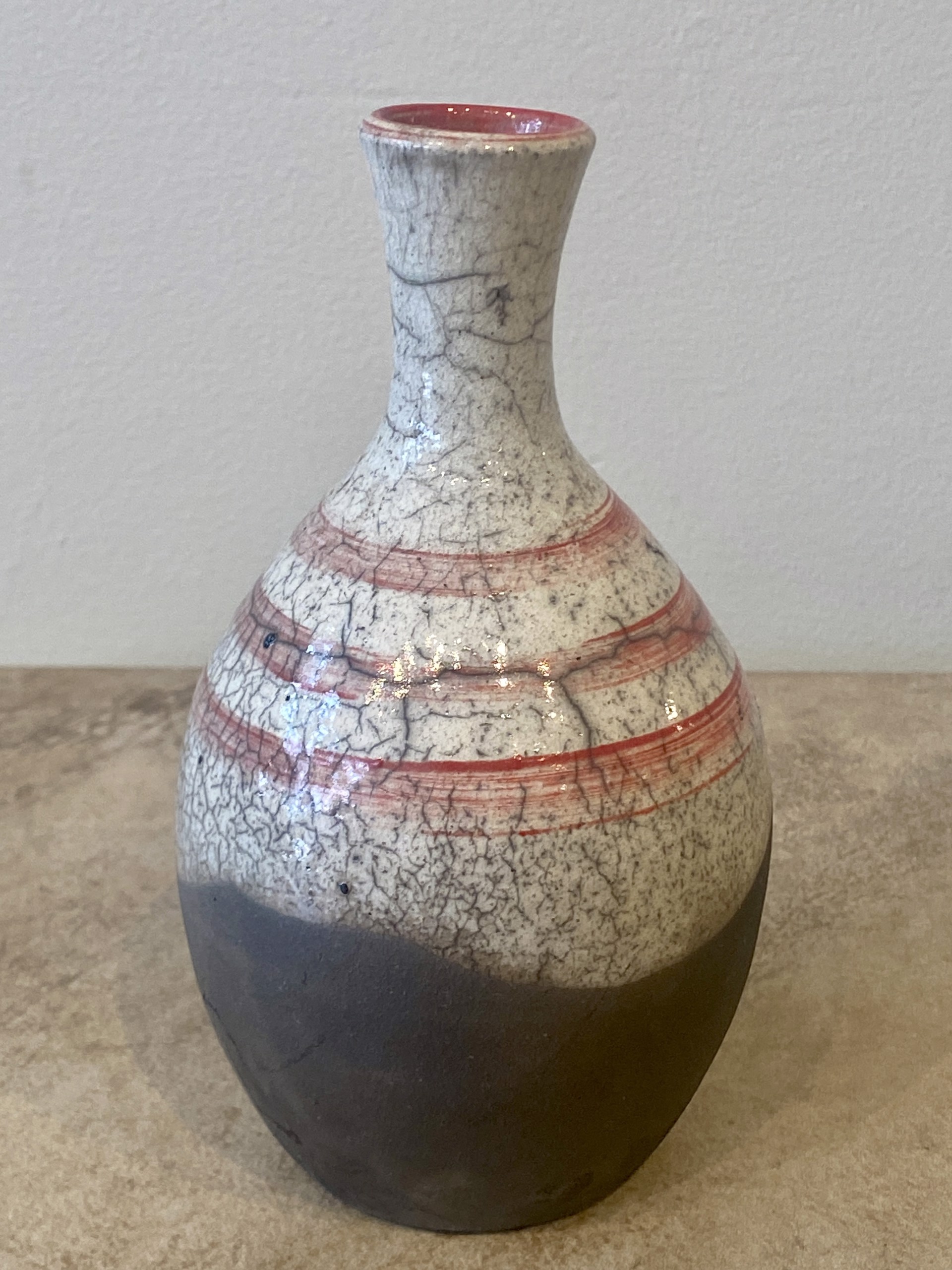 Red Ringed White Crackle Bottle SB23-40 by Silas Bradley
