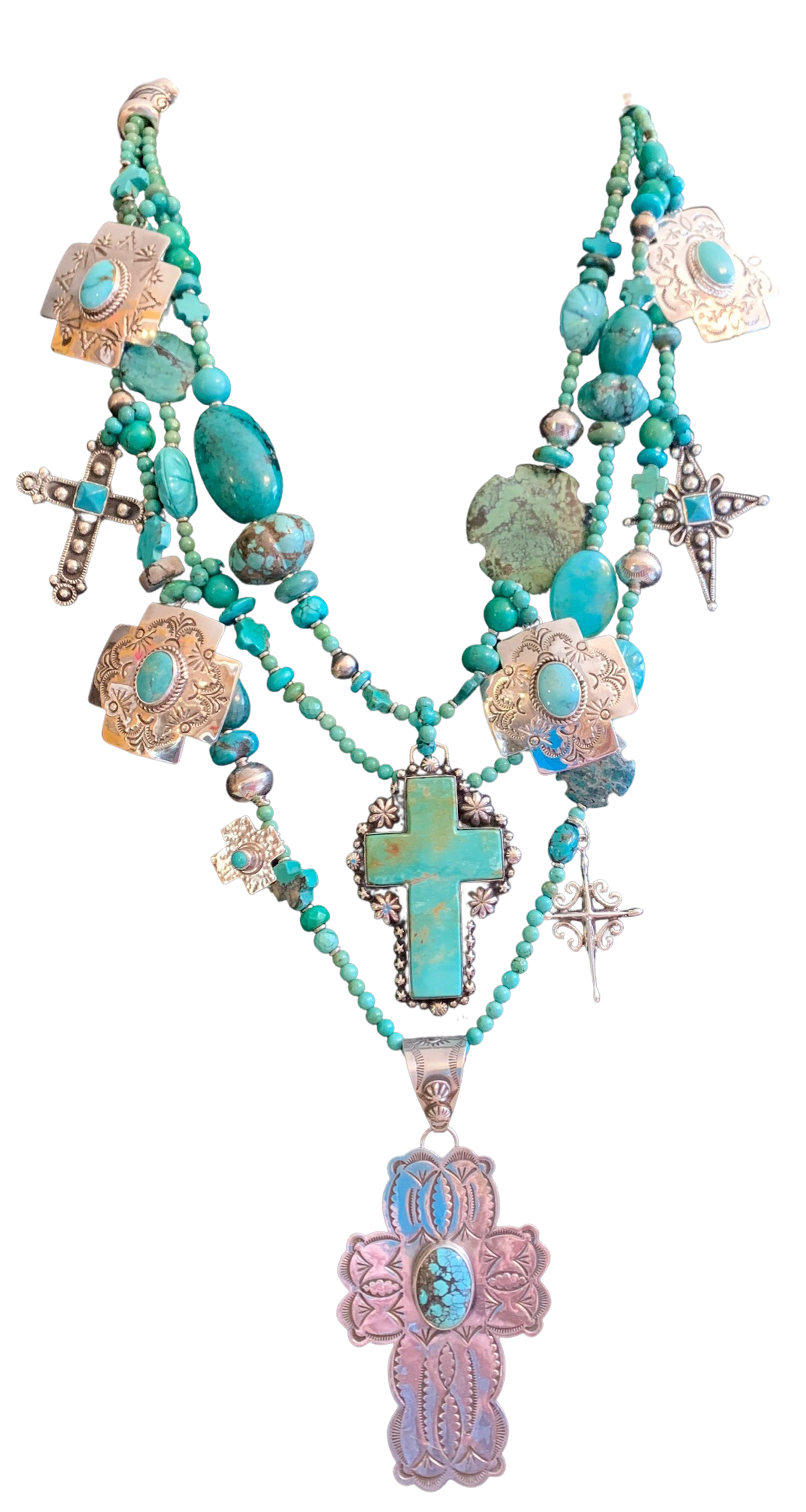 KY 1494 - Three Strand Turquoise Cross Necklace by Kim Yubeta