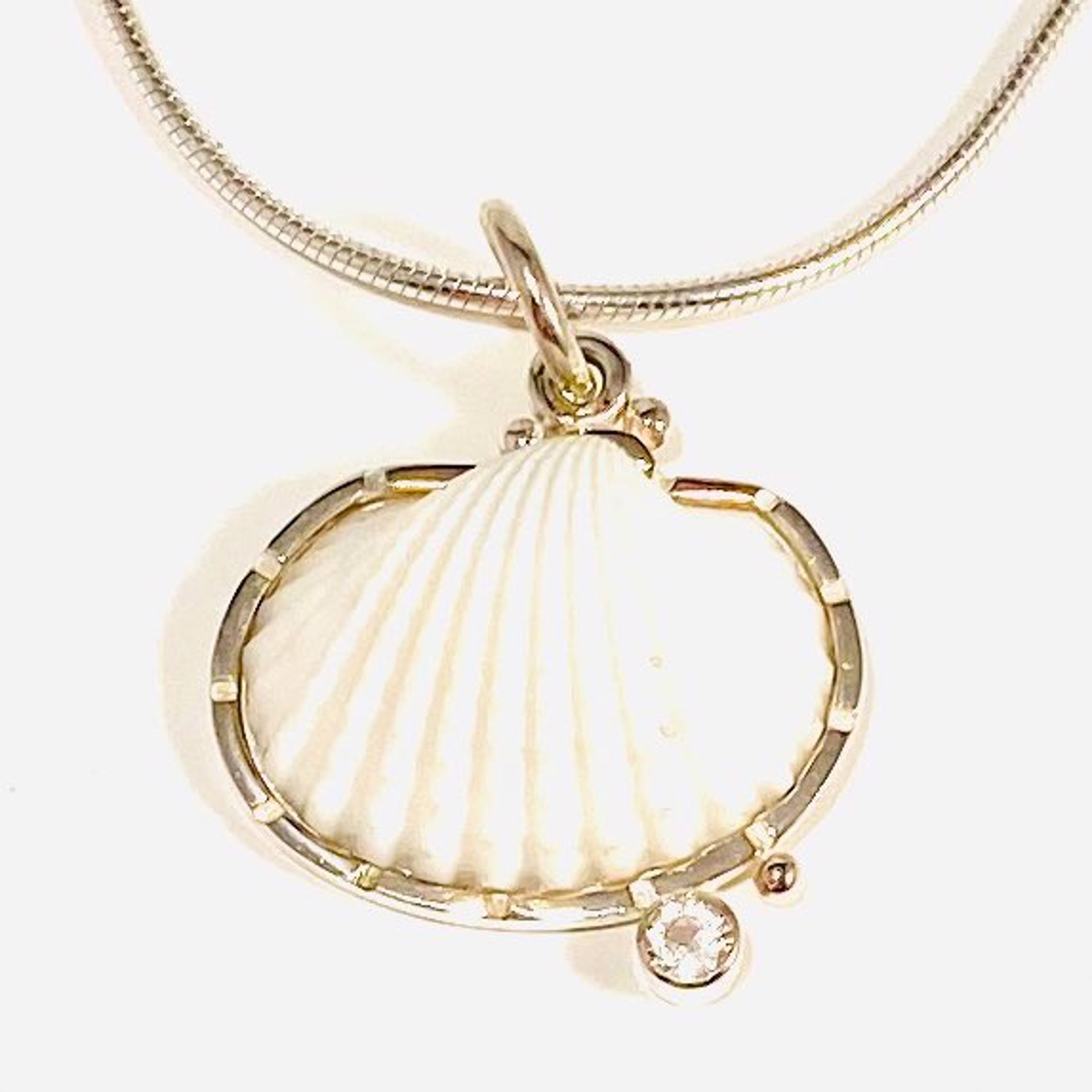 BU22-22  Ark Clam Shell White Topaz Pendant on 18" Italian Silver Omega Chain Necklace by Barbara Umbel