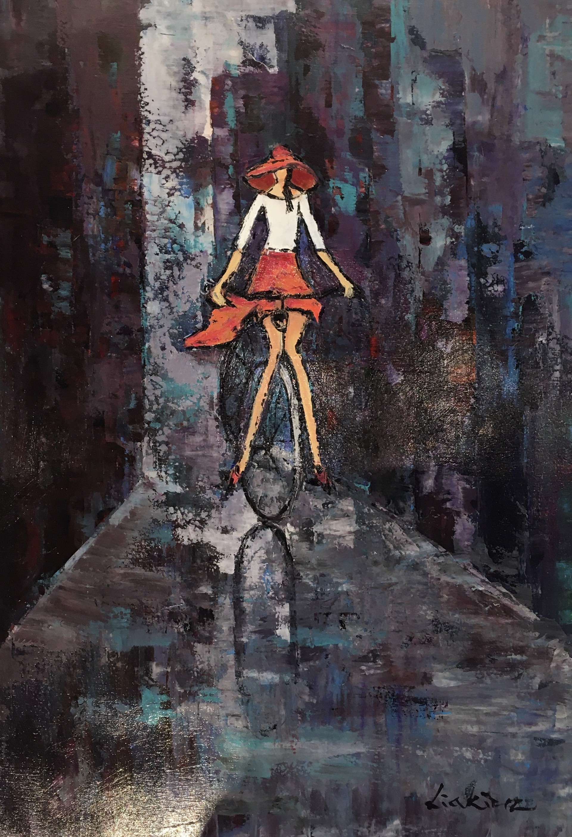 CYCLIST IN ORANGE DRESS AND HAT by LIA KIM
