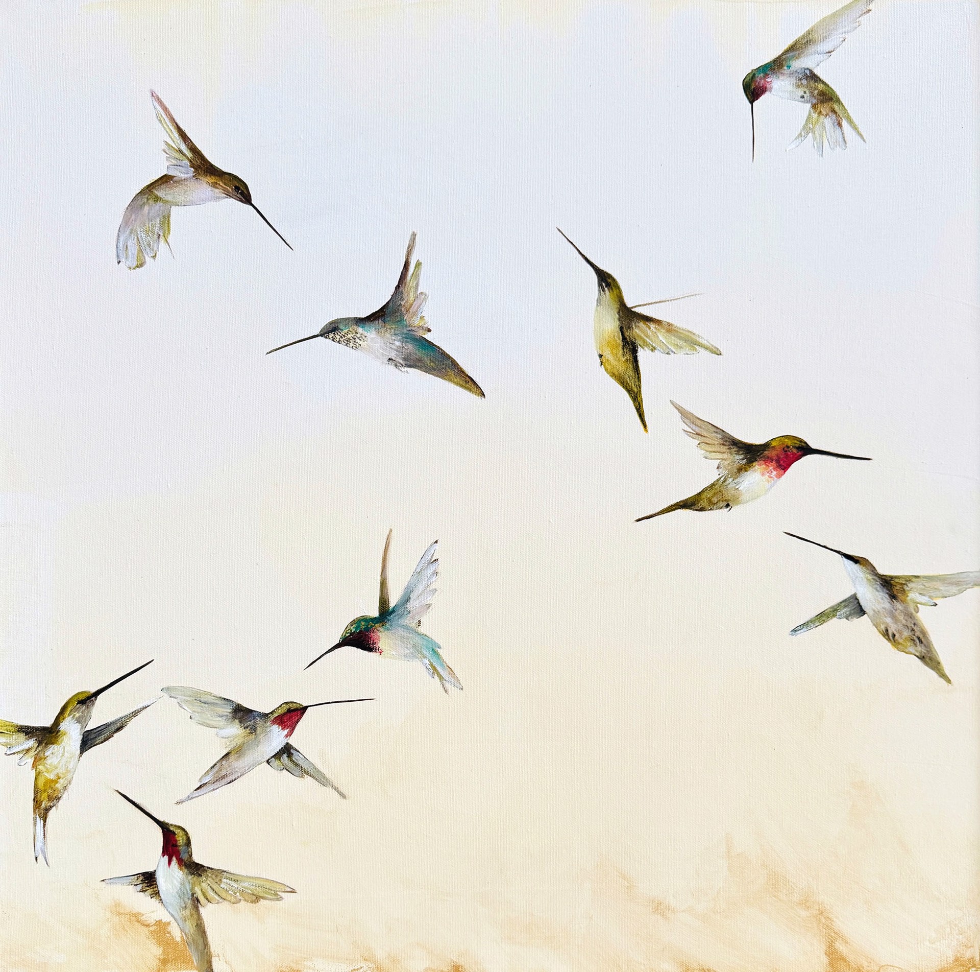 Original Oil Painting By Jenna Von Benedikt Featuring A Group Of Hummingbirds Flying Over Abstract Neutral Background