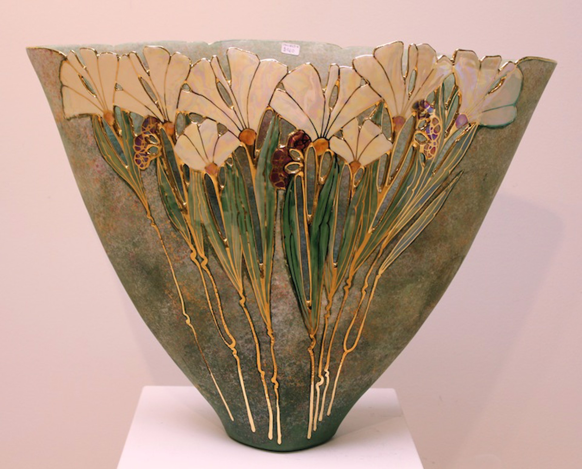 Vase - Large Triangle Vessel, Matte Green, White flowers by Jan Phelan
