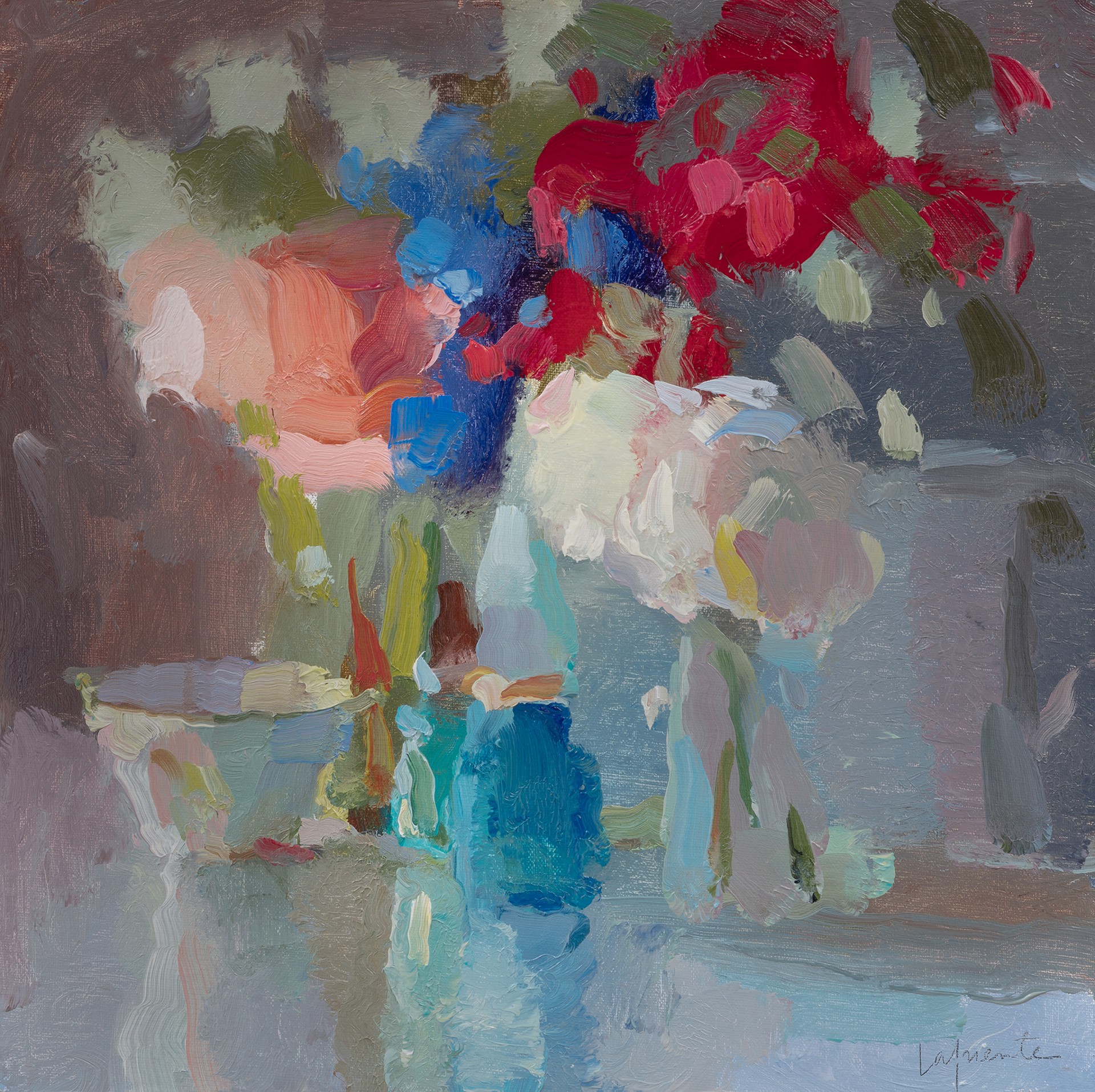DELPHINIUM, ROSES AND BOTTLES by CHRISTINE LAFUENTE