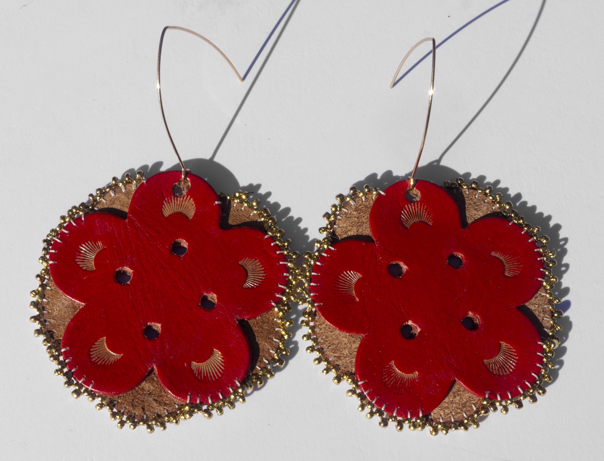 Red Leather Earrings with Gold Beads by Hattie Lee