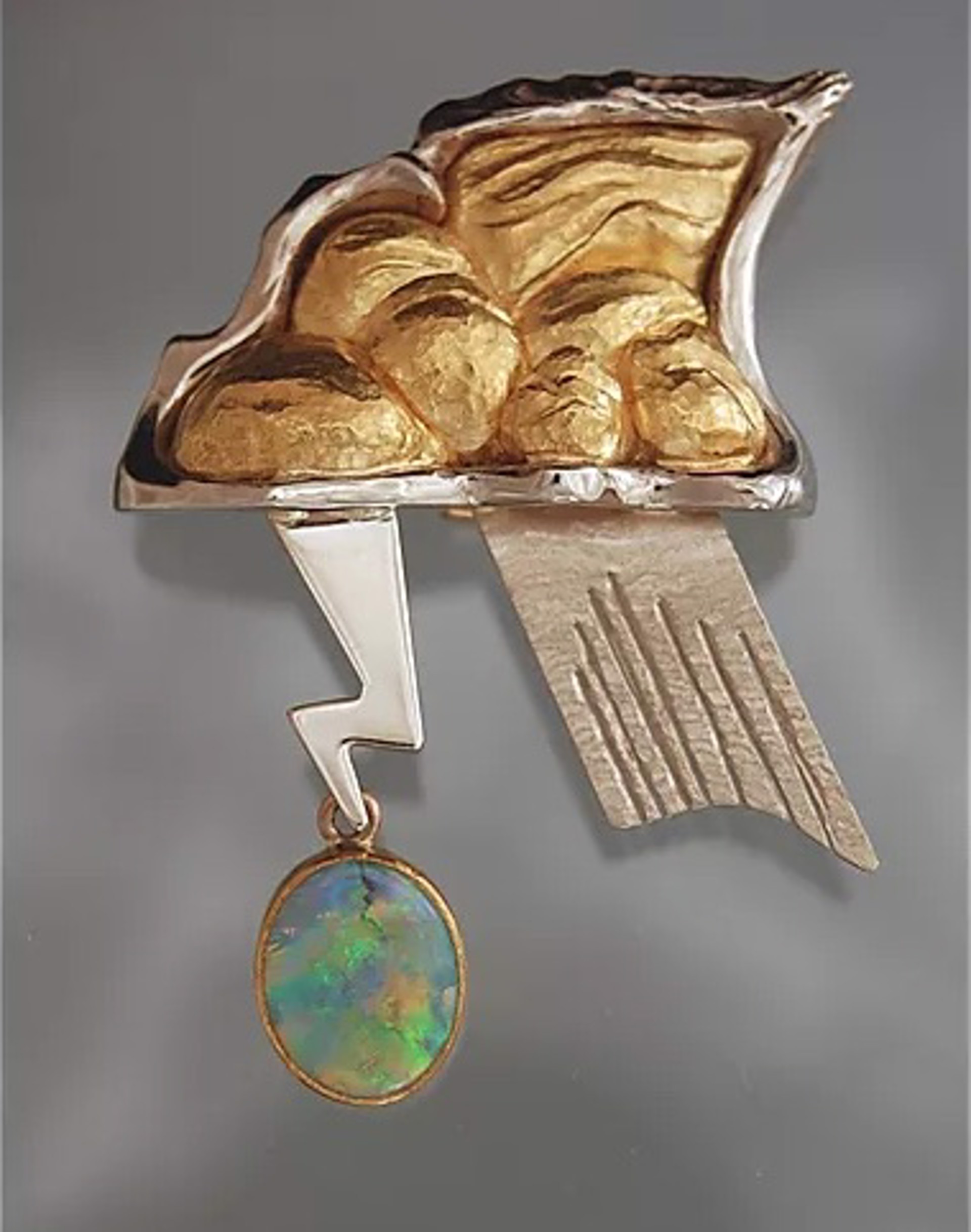 Monsoon Pendant/Pin - Repousse' Panel With 14K & 22K - Natural Australian Black Opals - #011 by Ken and Barbara Newman